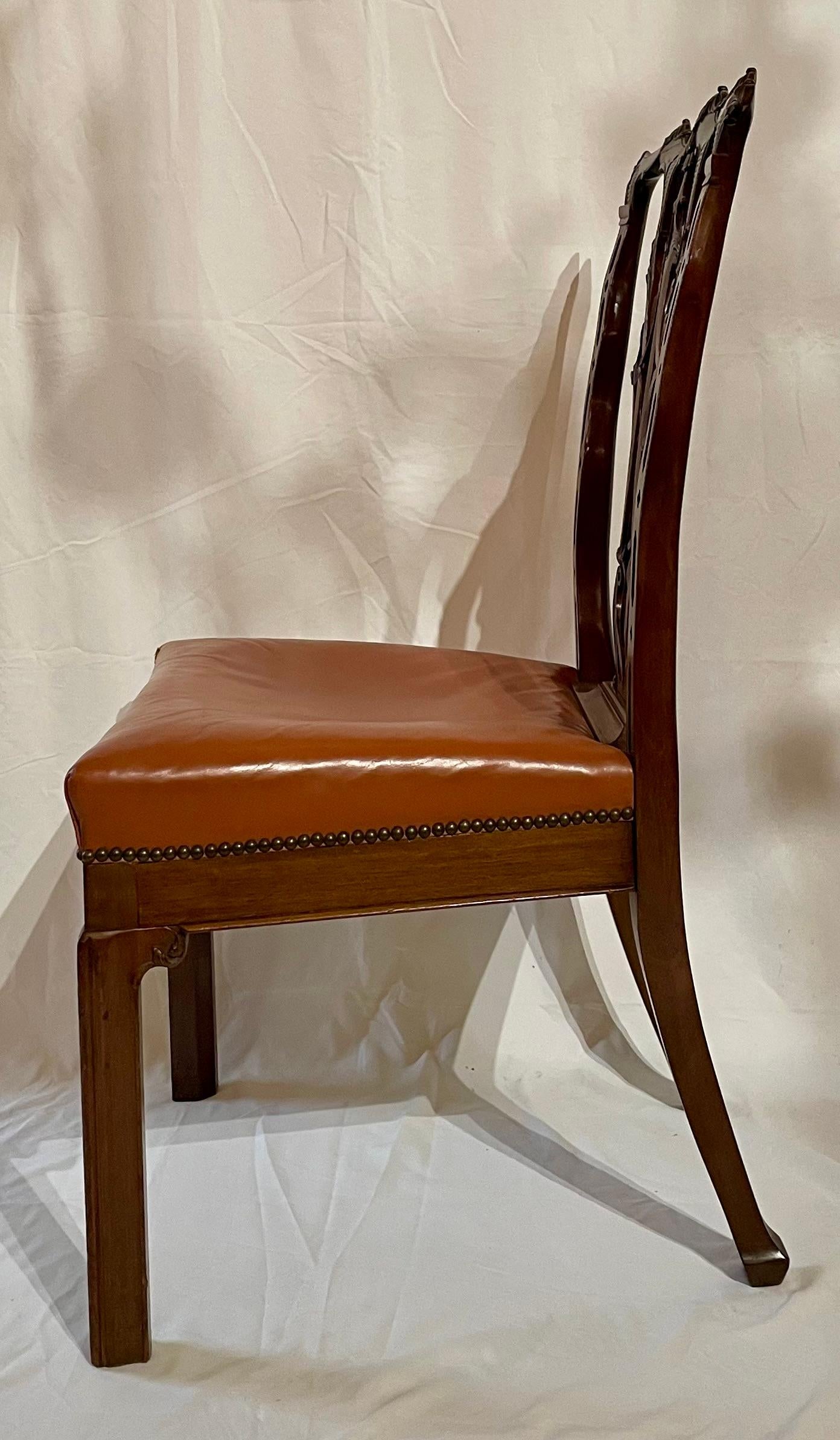 Antica sedia Chippendale inglese in mogano con seduta in pelle, CIRCA 1880. in vendita 3