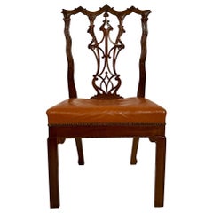 Antique English Chippendale Mahogany Side Chair with Leather Seat, Circa 1880.
