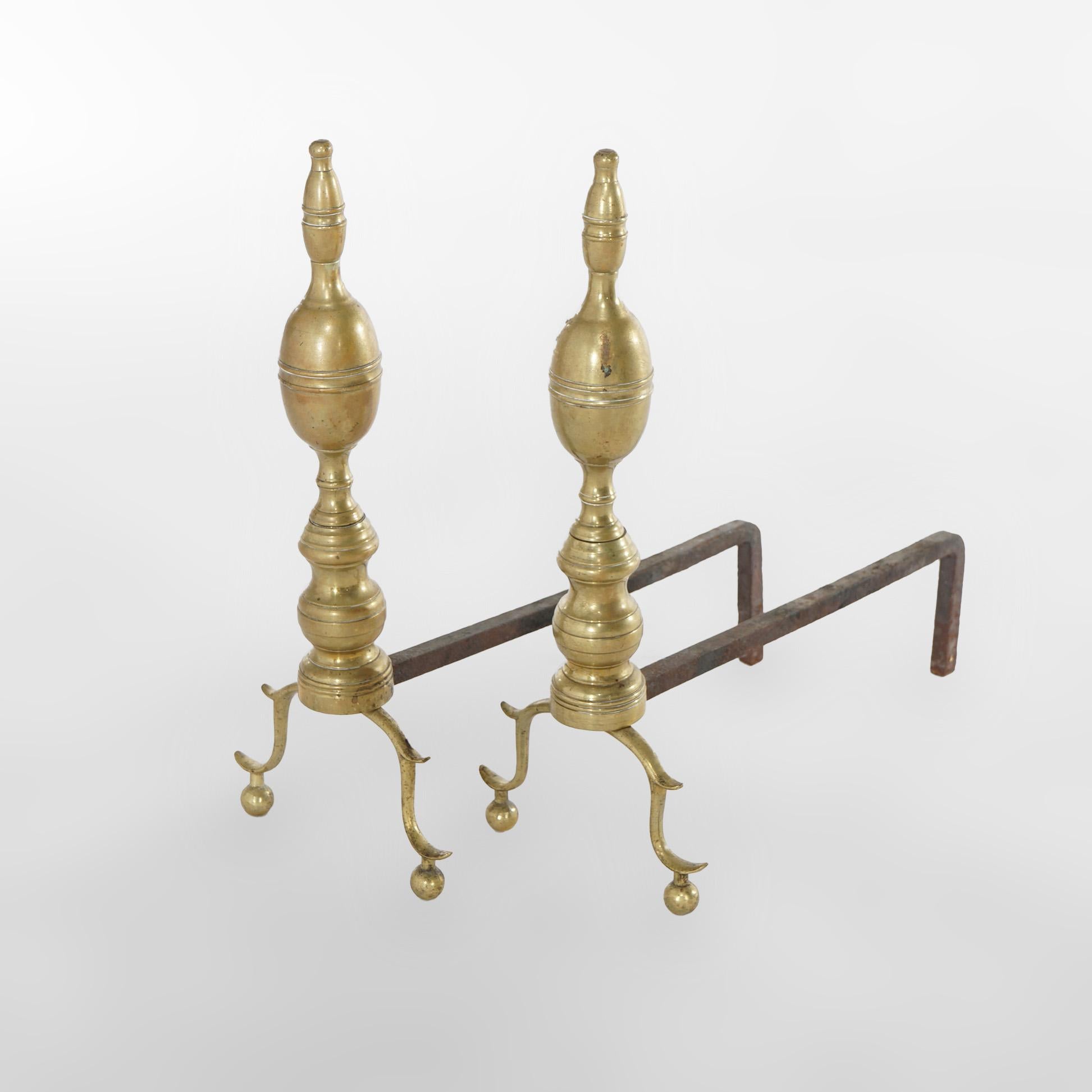 Brass Antique English Chippendale Style Balustrade Fireplace Andirons, 20th C For Sale