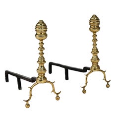 Antique English Chippendale Style Beehive Balustrade Fireplace Andirons, 20th C