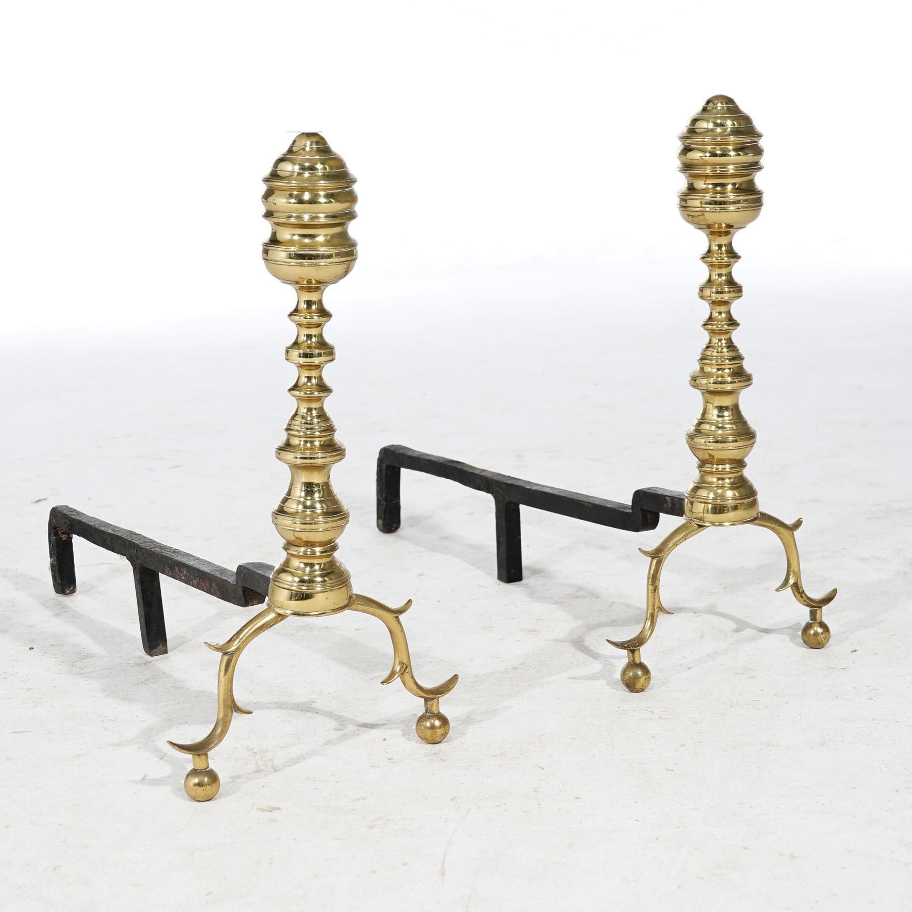 Antique English Chippendale Style Beehive Balustrade Fireplace Andirons, 20th C In Good Condition In Big Flats, NY