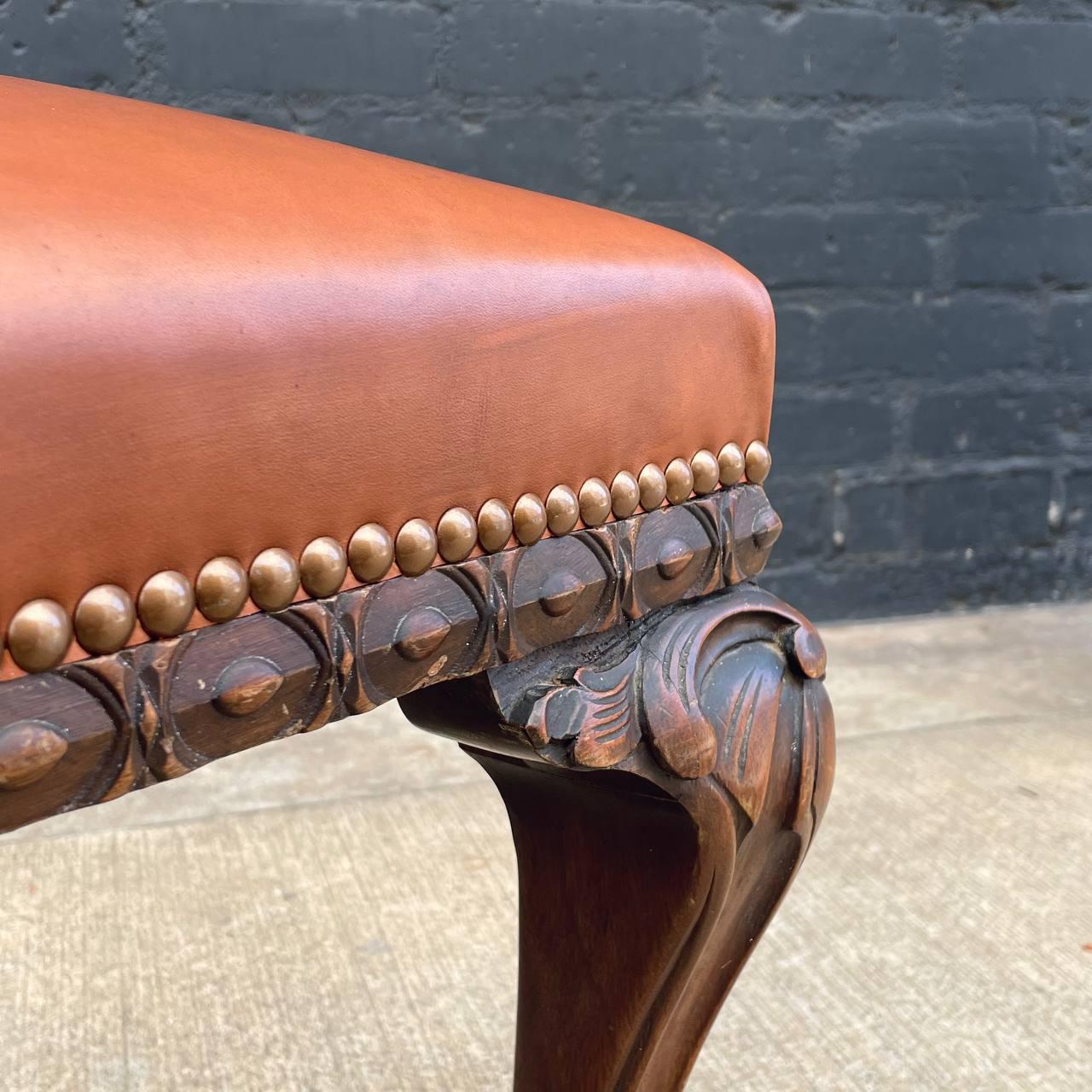 Antique English Chippendale Style Leather Bench with Carved Feet For Sale 5