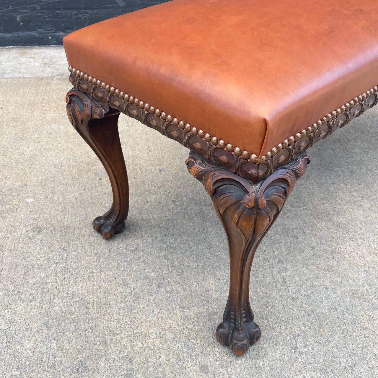 Antique English Chippendale Style Leather Bench with Carved Feet For Sale 6