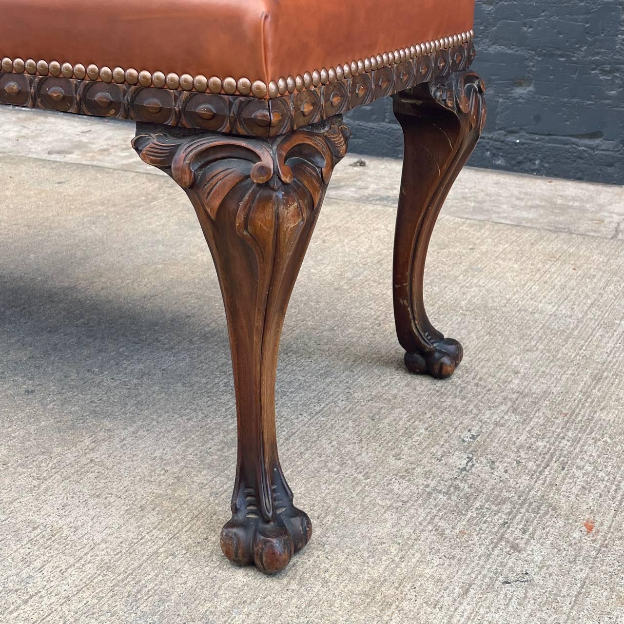 Antique English Chippendale Style Leather Bench with Carved Feet For Sale 7