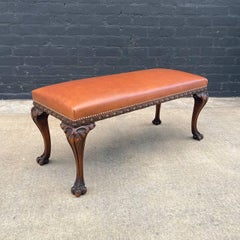 Antique English Chippendale Style Leather Bench with Carved Feet