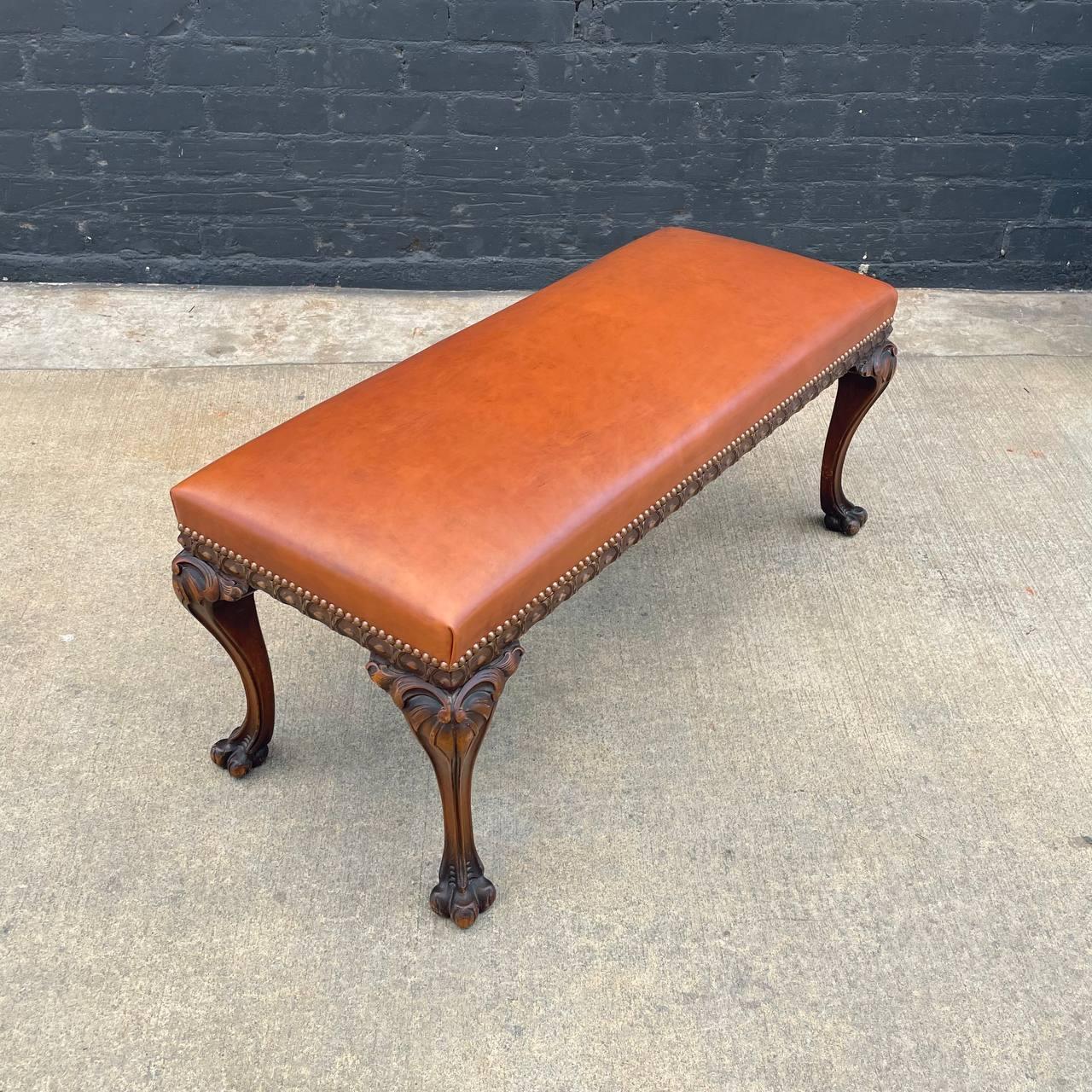 French Antique English Chippendale Style Leather Bench with Carved Feet For Sale