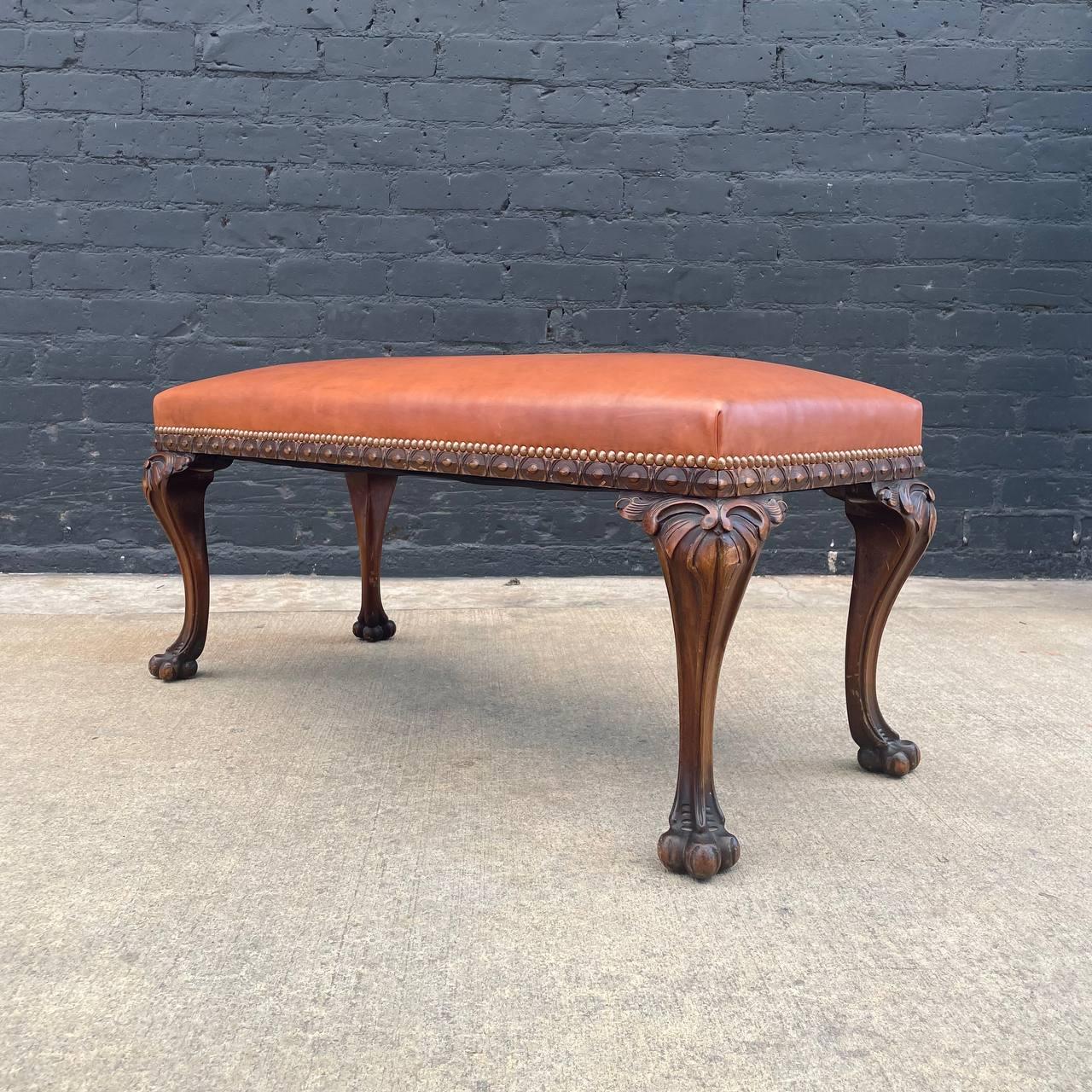 Mid-20th Century Antique English Chippendale Style Leather Bench with Carved Feet For Sale