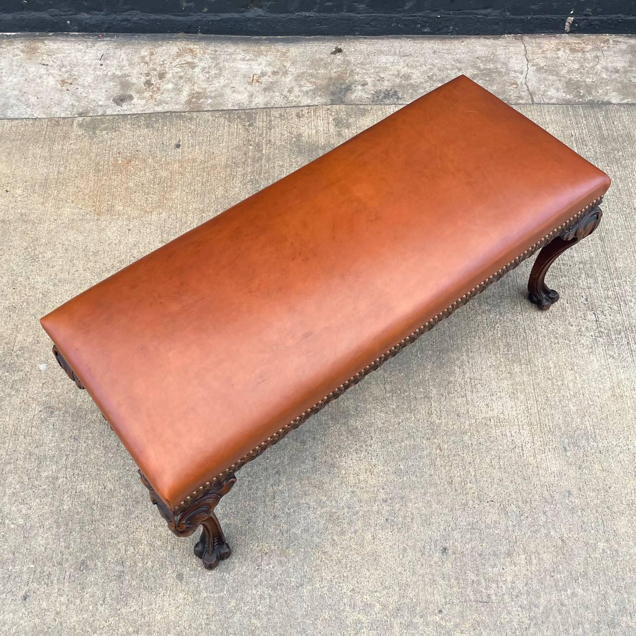 Antique English Chippendale Style Leather Bench with Carved Feet For Sale 1