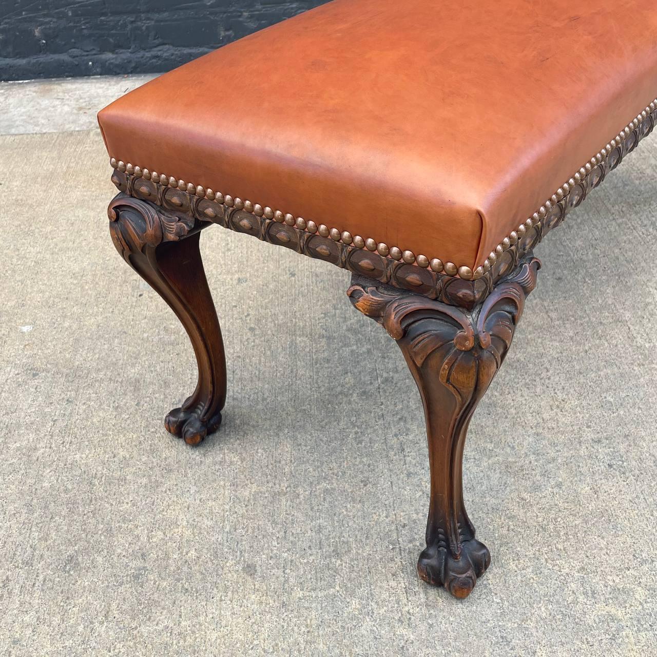 Antique English Chippendale Style Leather Bench with Carved Feet For Sale 2