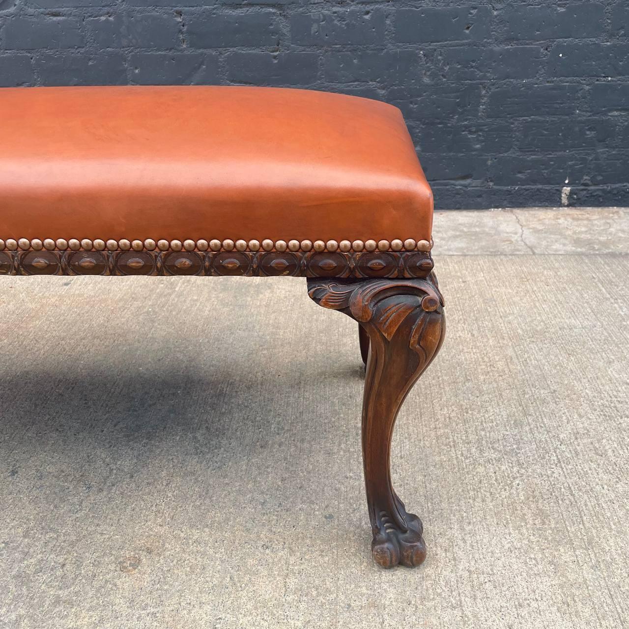 Antique English Chippendale Style Leather Bench with Carved Feet For Sale 3