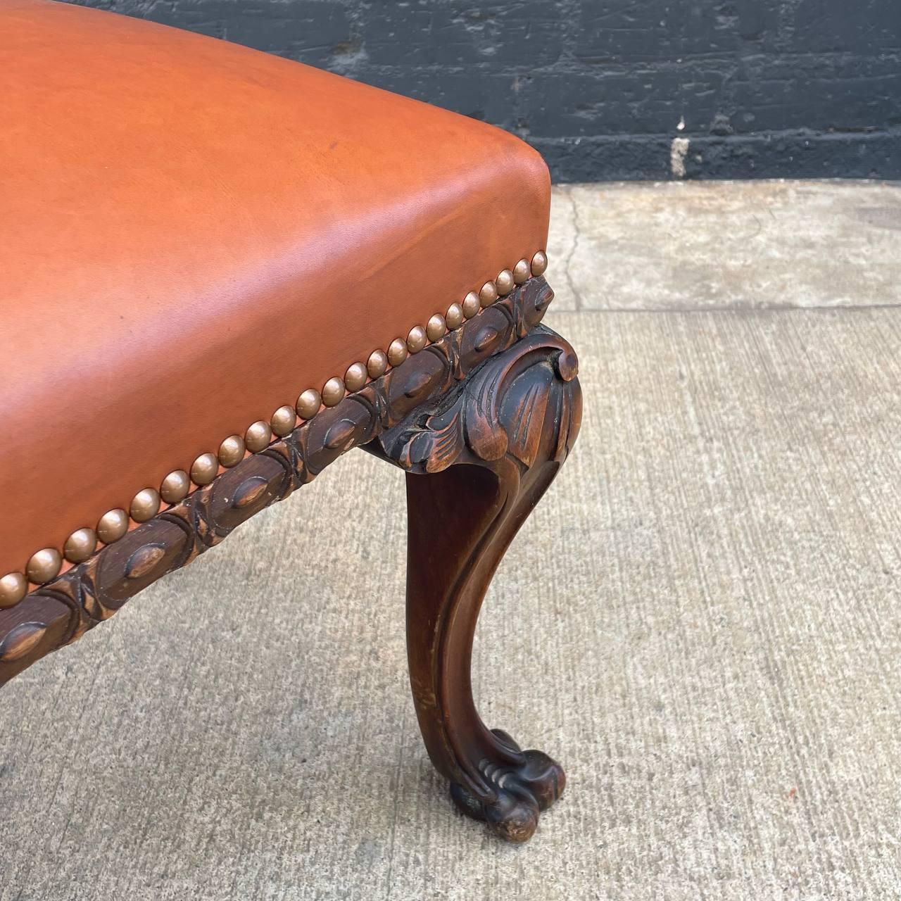 Antique English Chippendale Style Leather Bench with Carved Feet For Sale 4