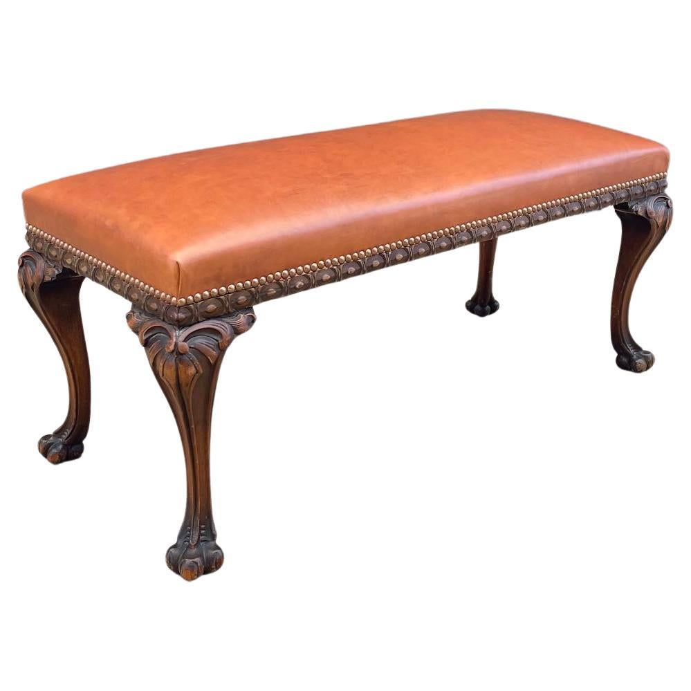 Antique English Chippendale Style Leather Bench with Carved Feet For Sale