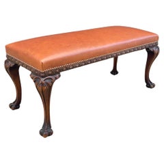 Antique English Chippendale Style Leather Bench with Carved Feet