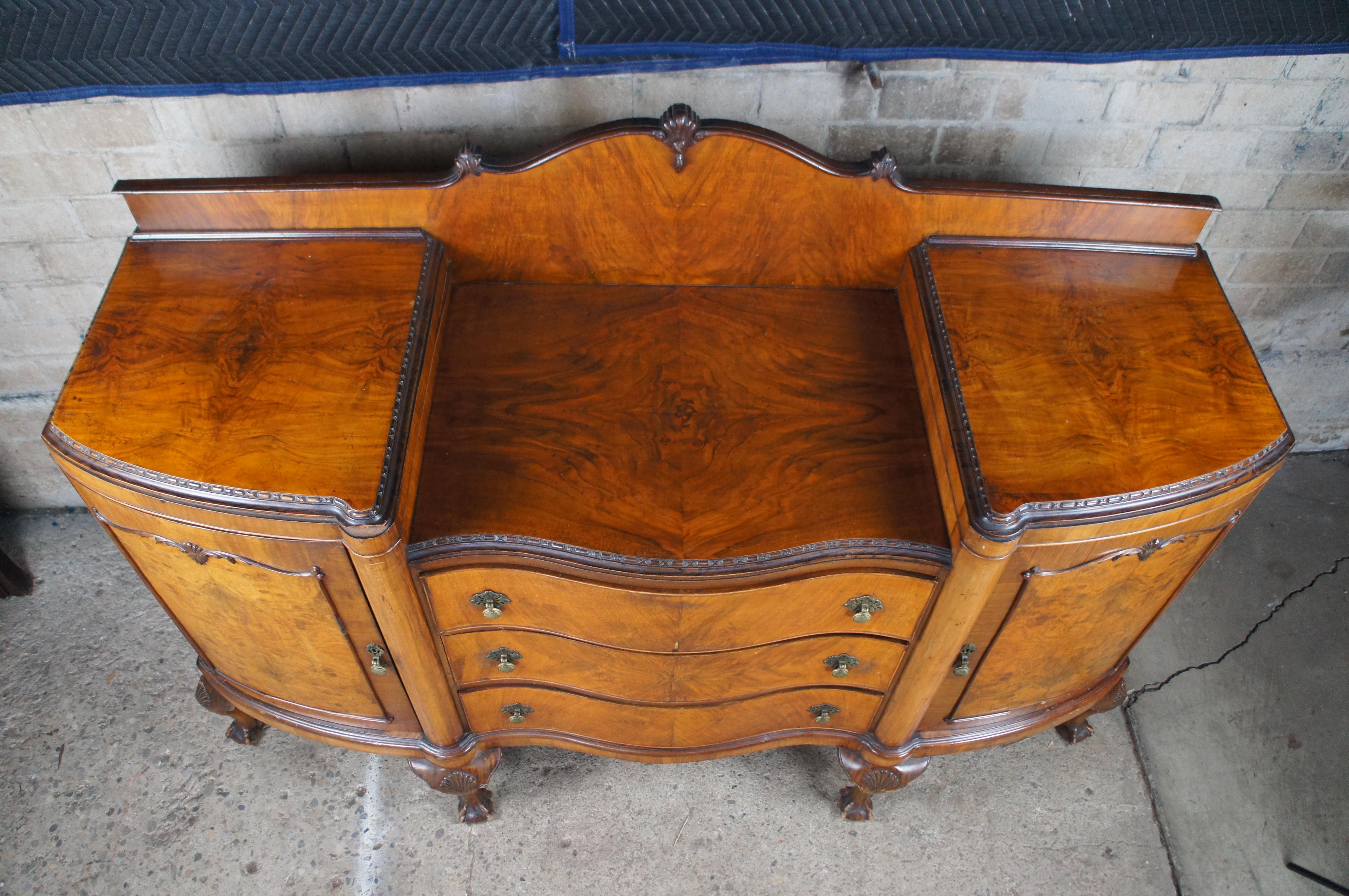 Antique English Chippendale Walnut Burl Serpentine Buffet Sideboard Credenza 71