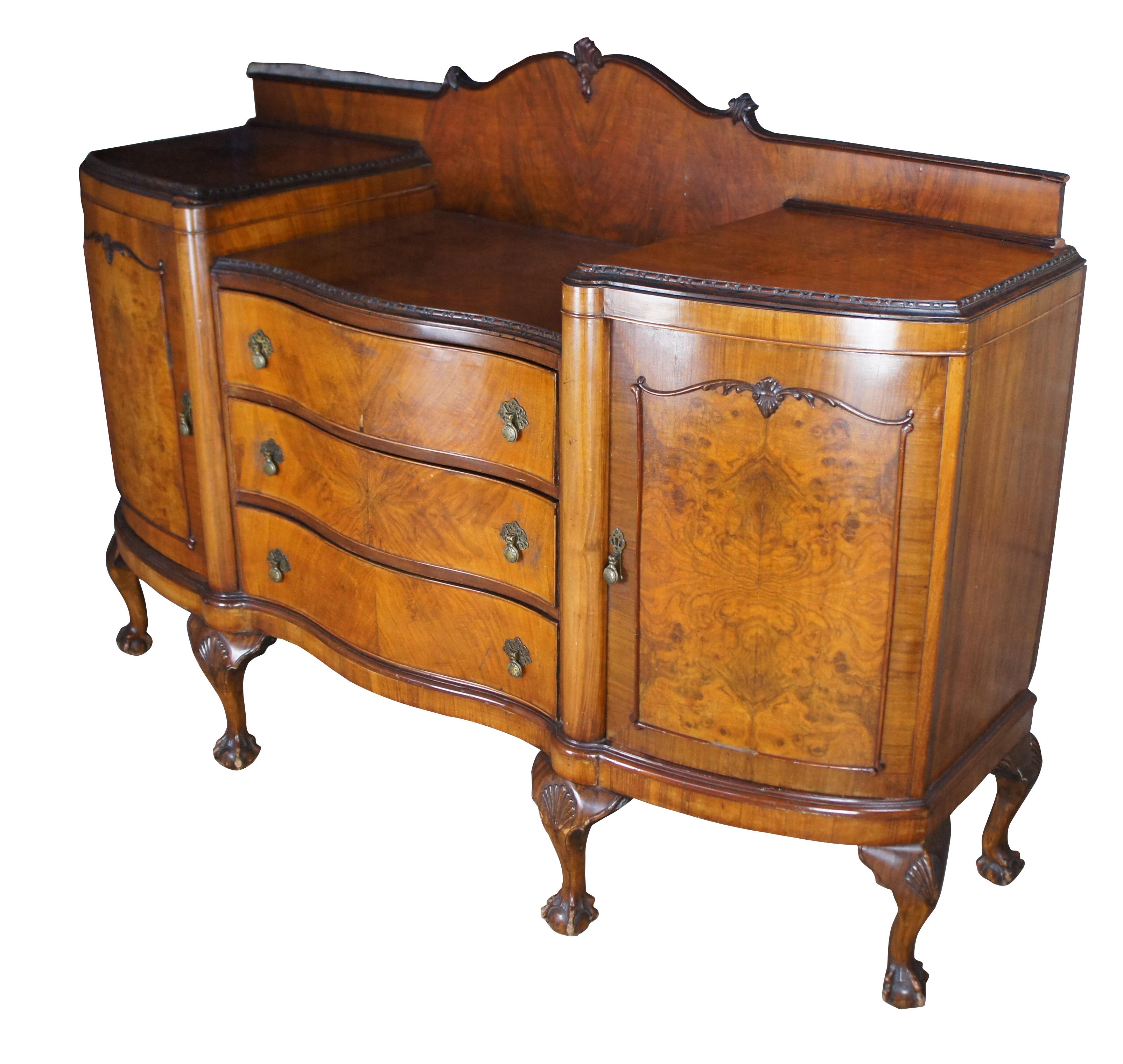 Antique English Chippendale Walnut Burl Serpentine Buffet Sideboard Credenza 71