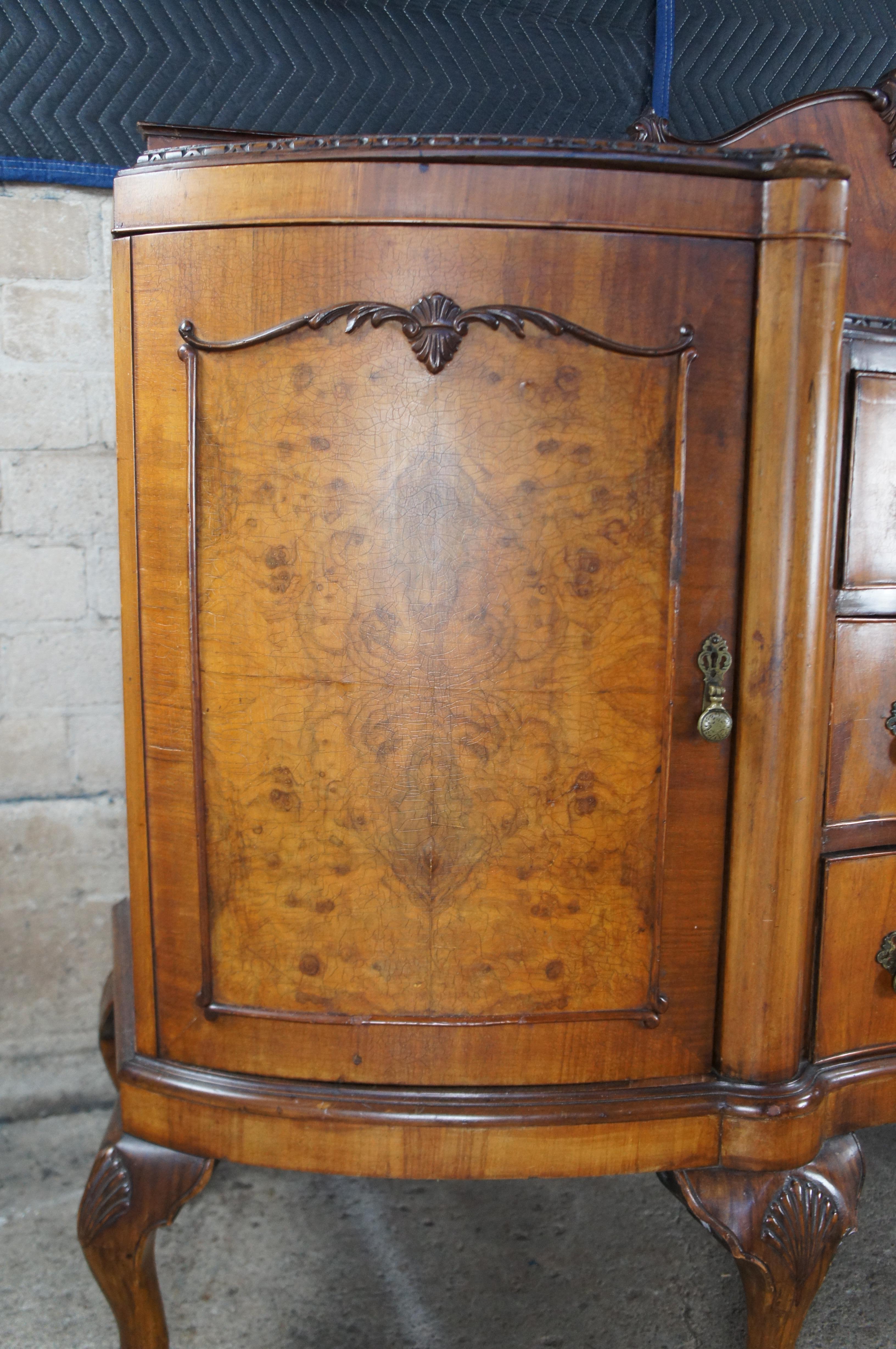 Brass Antique English Chippendale Walnut Burl Serpentine Buffet Sideboard Credenza 71