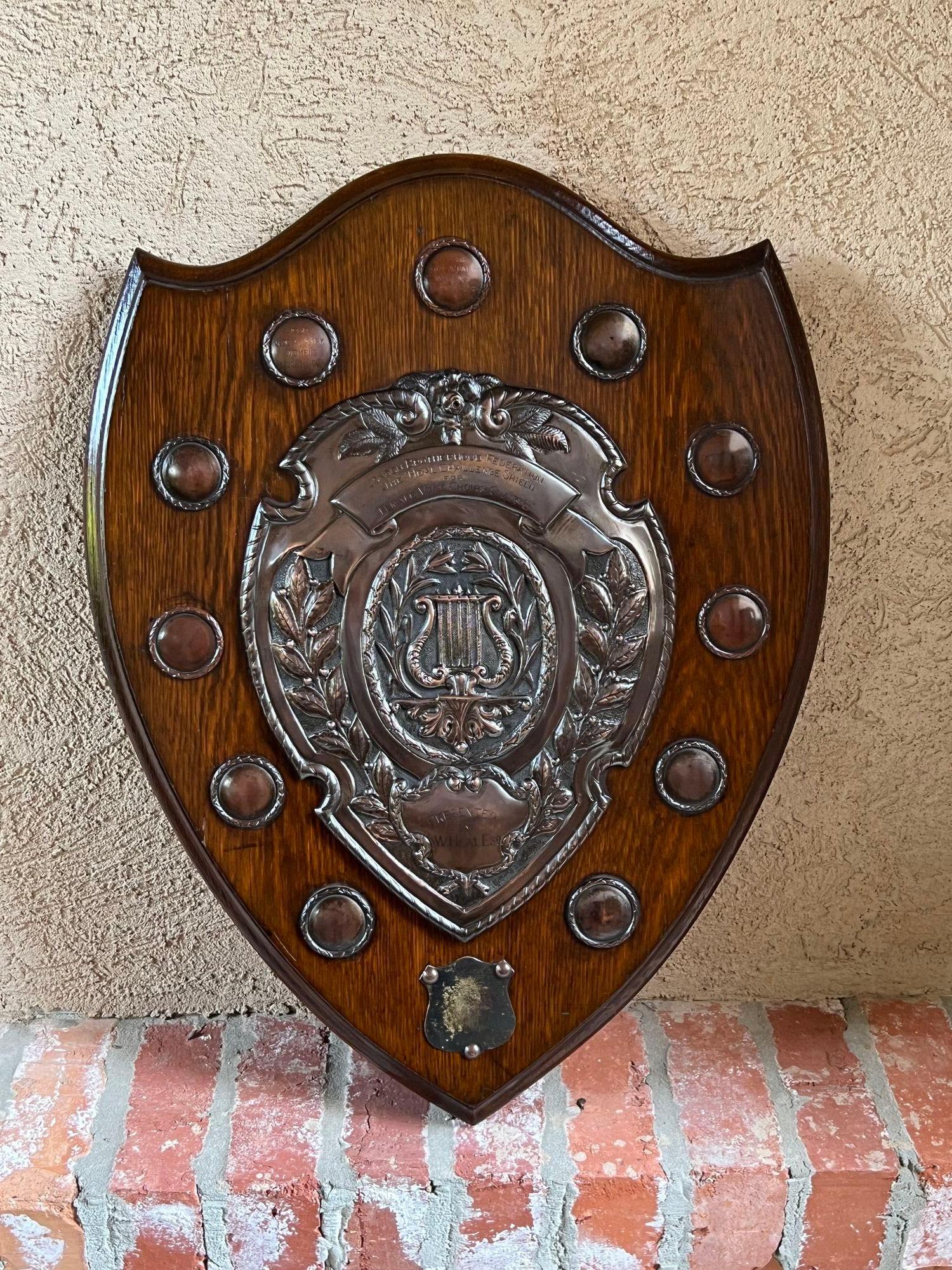 Antique English Choir Trophy Award Plaque Copper Repousse c1938 Lyre Harp.

Direct from England, just arrived in our most recent container, we have several of these one-of-a-kind English trophies that are brimming with provenance, and oh “the