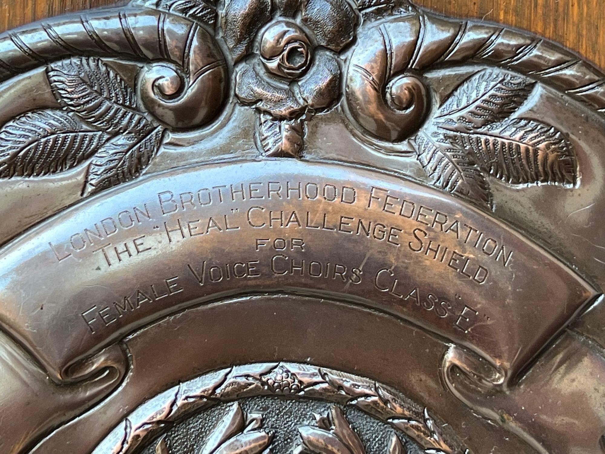 British Antique English Choir Trophy Award Plaque Copper Repousse c1938 Lyre Harp For Sale