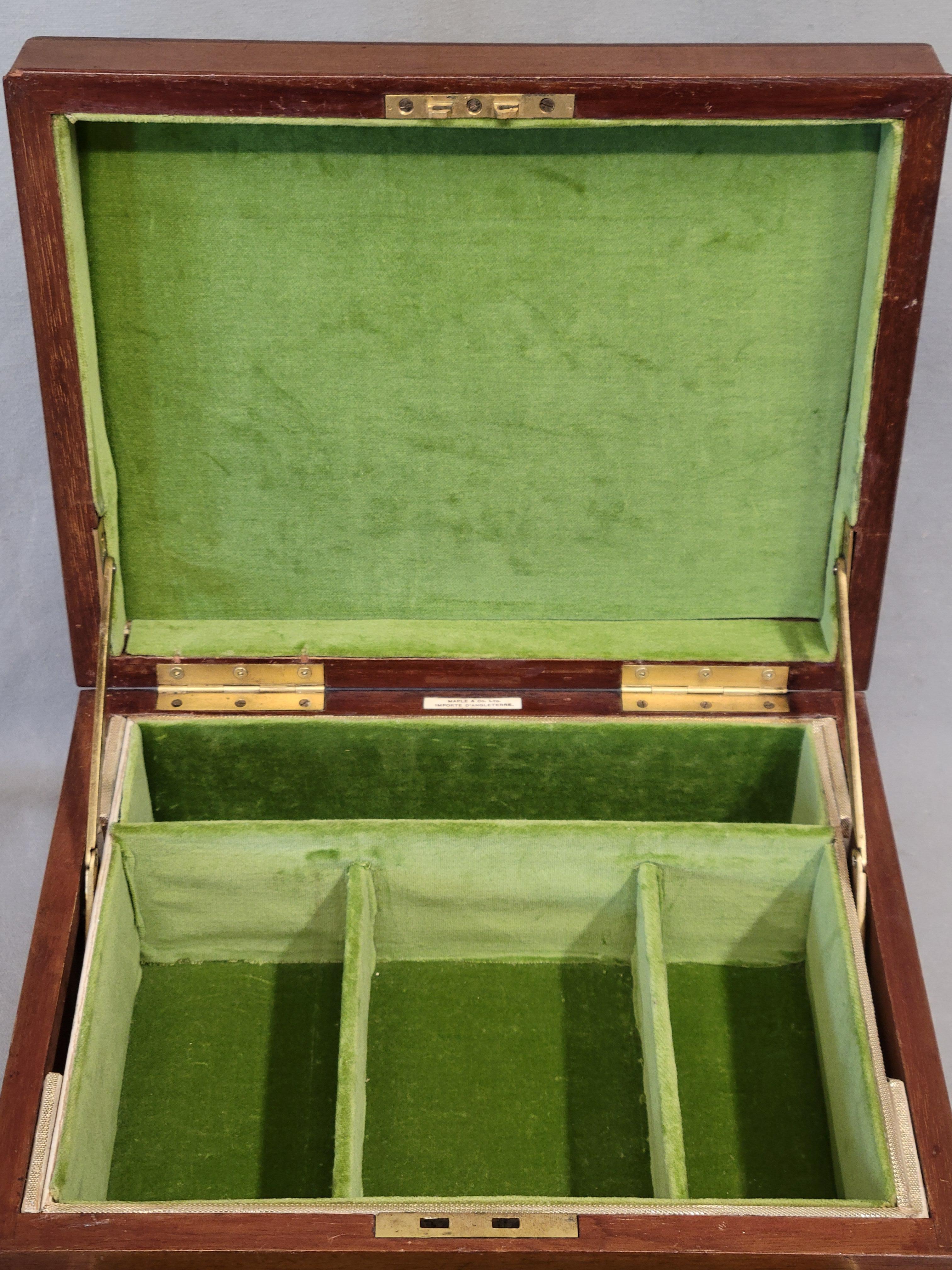 Brass Antique English Circa 1900 Flame Mahogany Maple & Co. Ltd. Jewelry Box (RL) For Sale