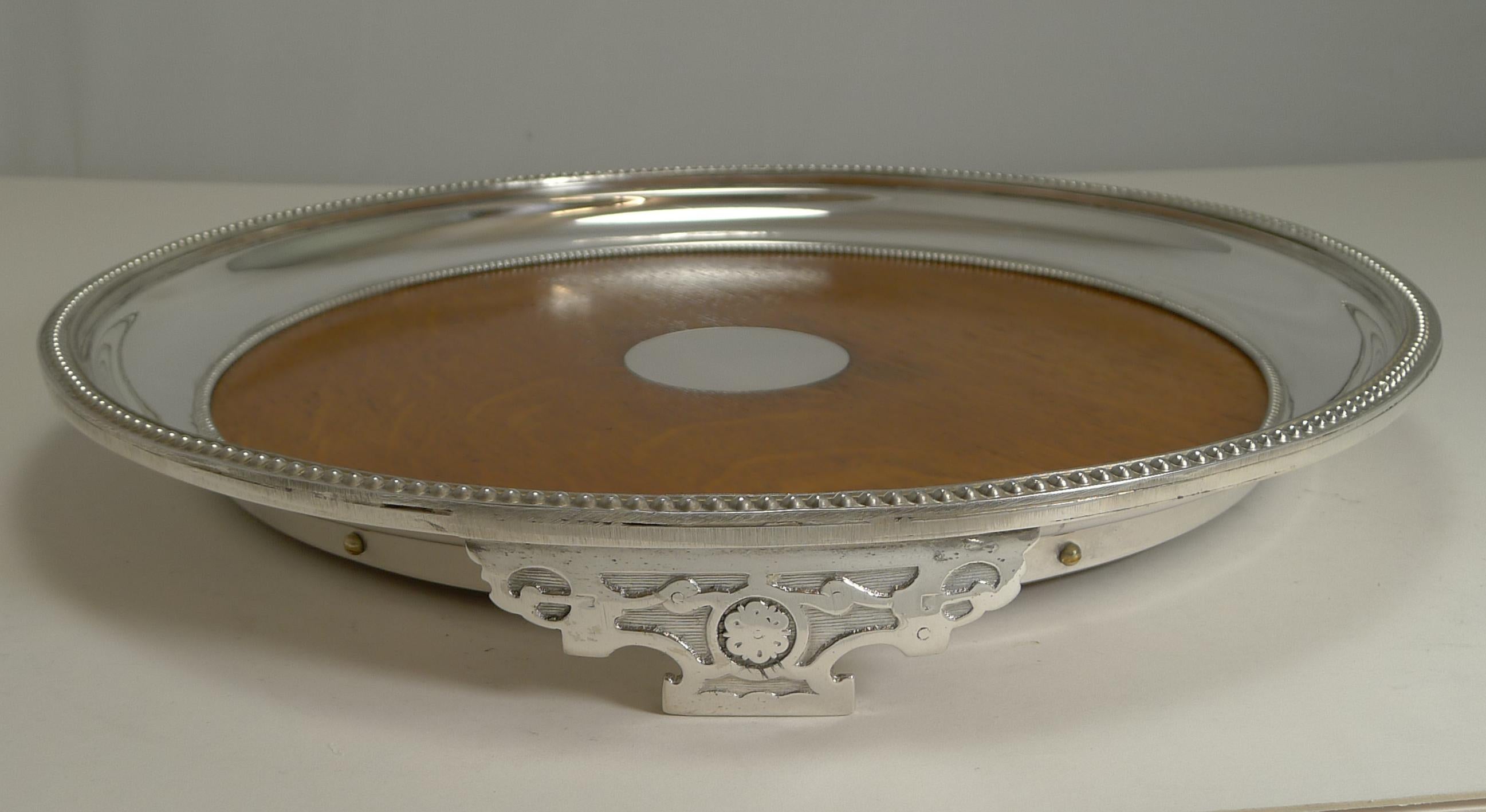 Late Victorian Antique English Circular Silver Plate and Oak Serving Tray, Registered 1871