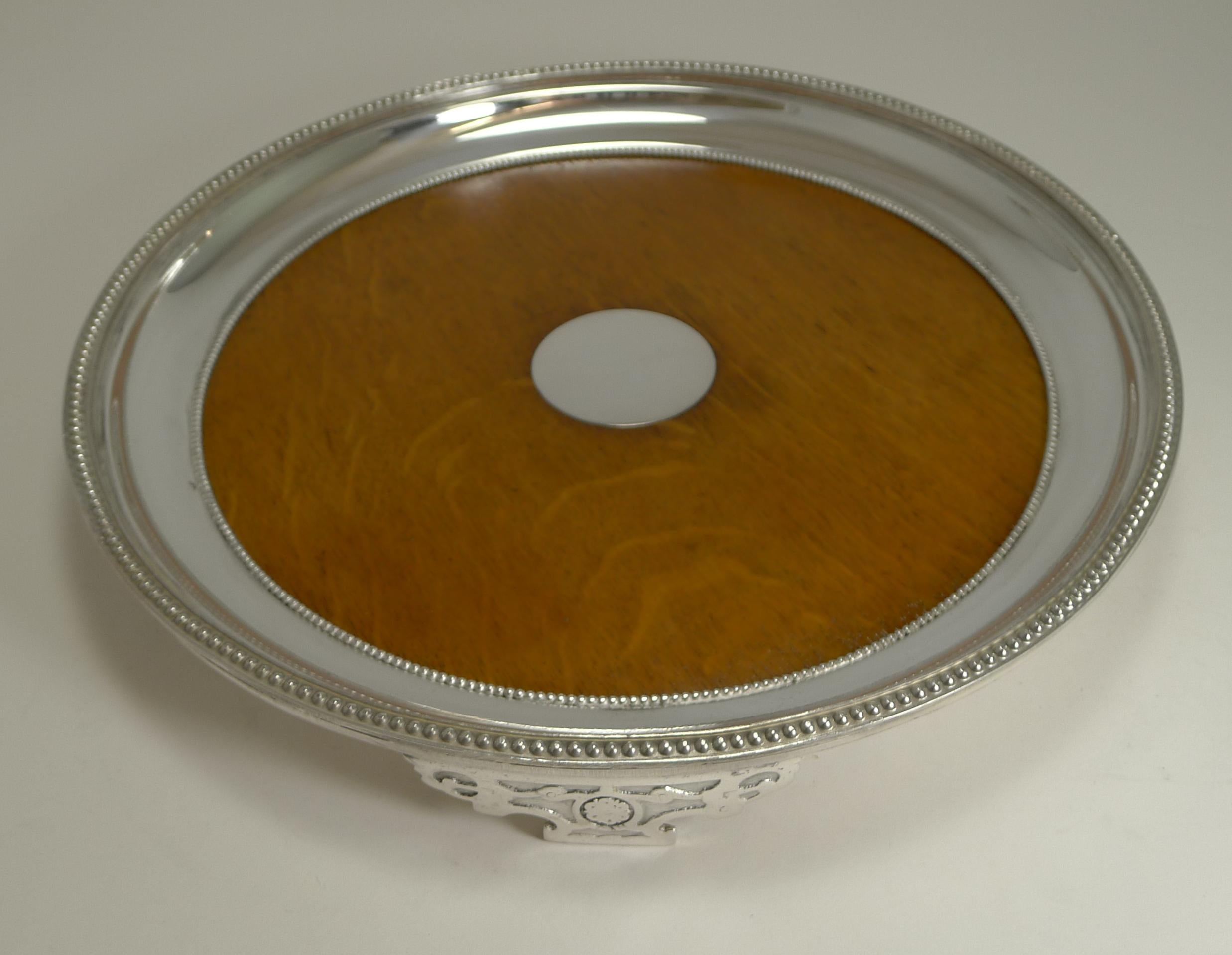 Antique English Circular Silver Plate and Oak Serving Tray, Registered 1871 In Good Condition In Bath, GB