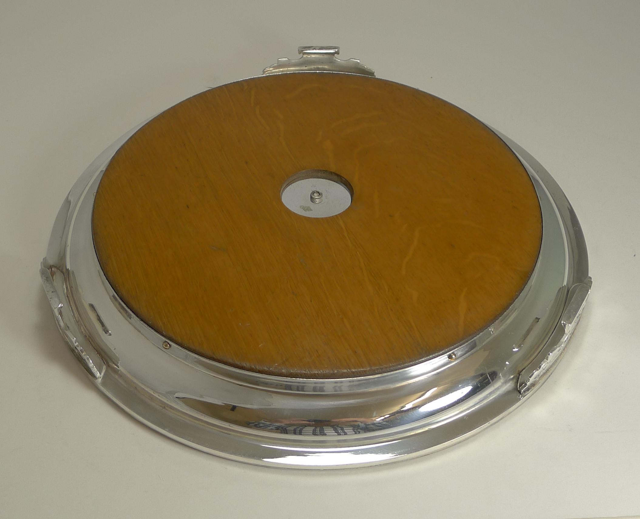 Late 19th Century Antique English Circular Silver Plate and Oak Serving Tray, Registered 1871