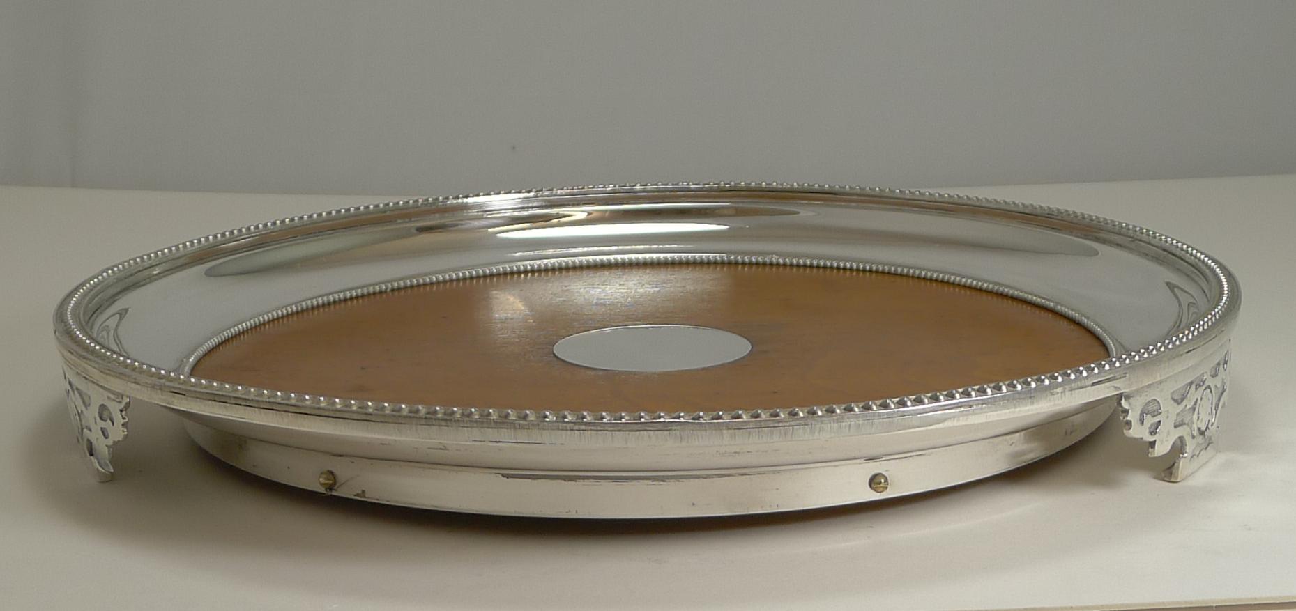 Antique English Circular Silver Plate and Oak Serving Tray, Registered 1871 2
