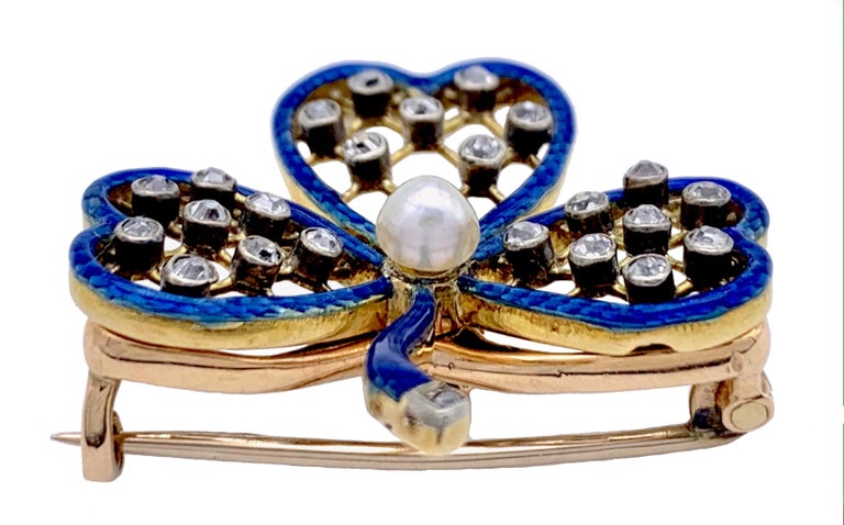 Old European Cut Antique English Clover Blue Enamel 15 Karat Gold Pearl Pendant Brooch Diamonds For Sale