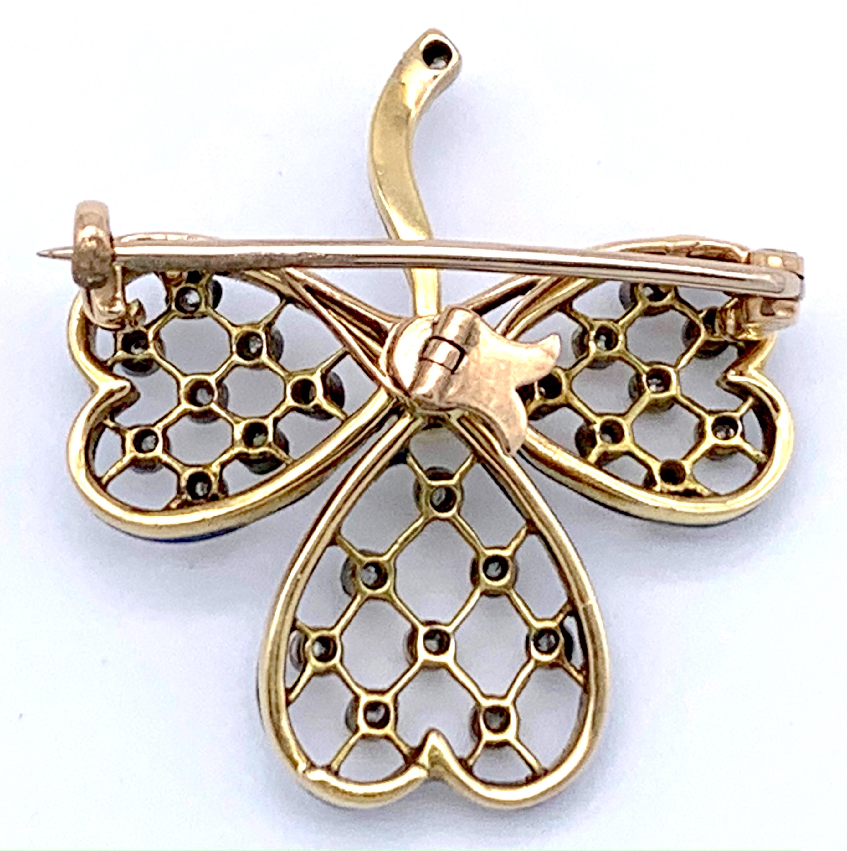Antiker englischer Kleeblatt Blau Emaille 15 Karat Gold Perlen Anhänger Brosche Diamanten Damen im Angebot
