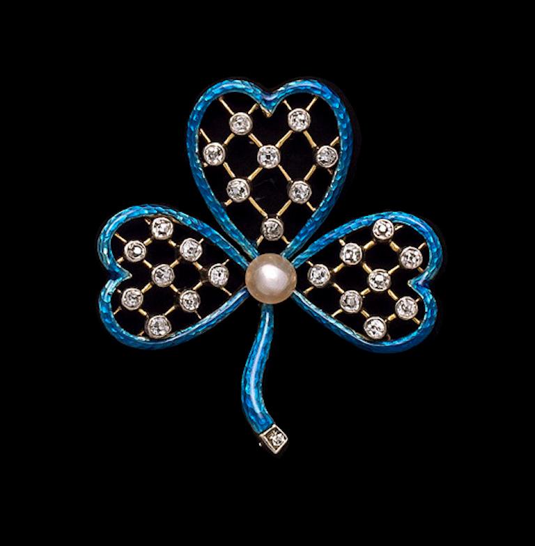 Antique English Clover Blue Enamel 15 Karat Gold Pearl Pendant Brooch Diamonds For Sale 1