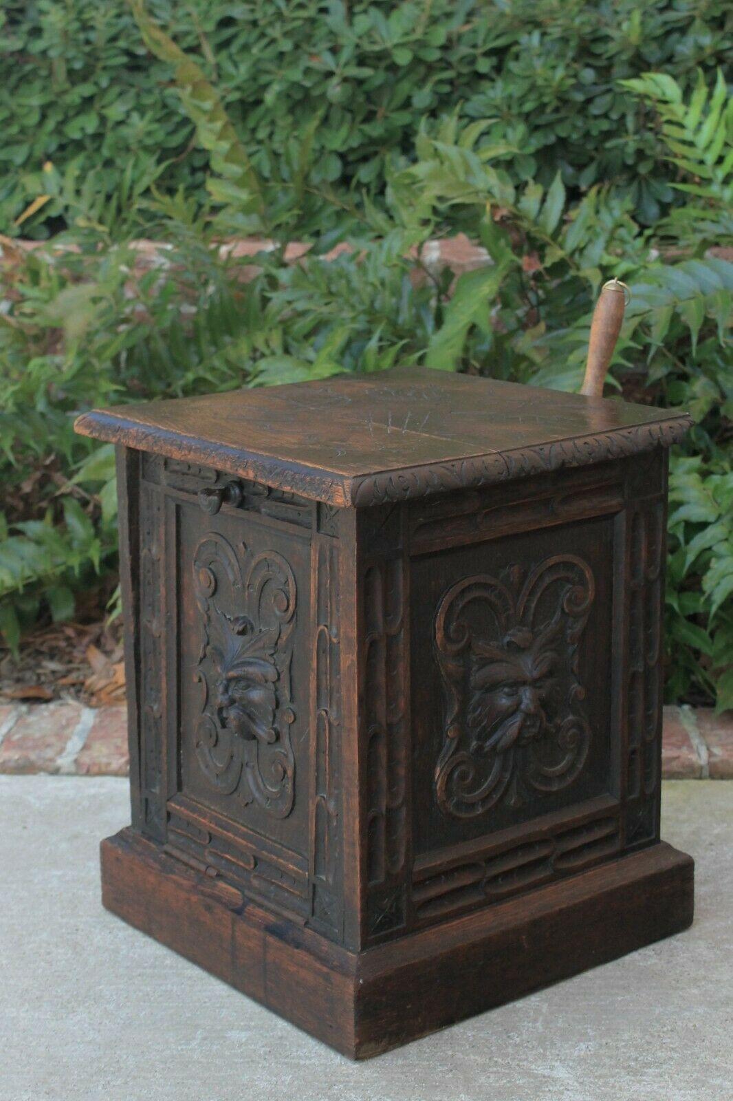 Antique English Coal Hod Scuttle Hearth Fireplace End Table Carved Oak 4