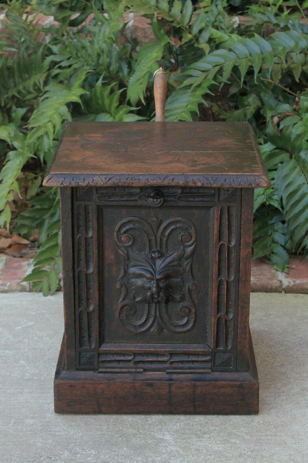 Antique English Coal Hod Scuttle Hearth Fireplace End Table Carved Oak 7