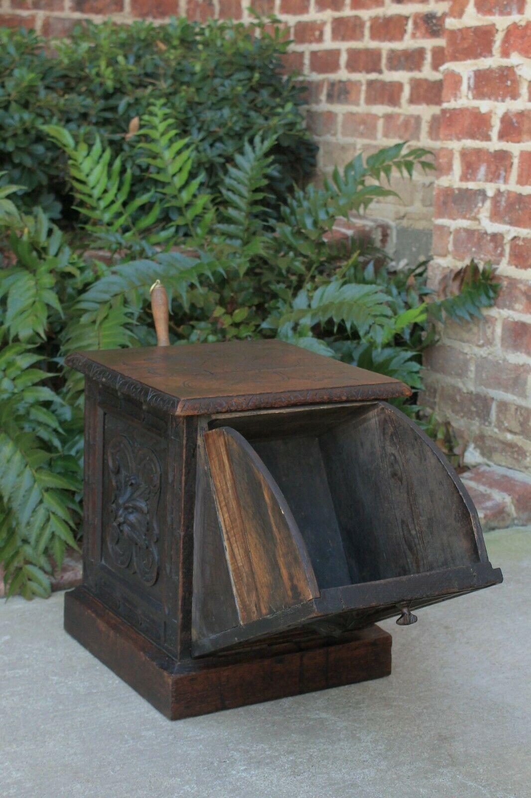 Renaissance Revival Antique English Coal Hod Scuttle Hearth Fireplace End Table Carved Oak