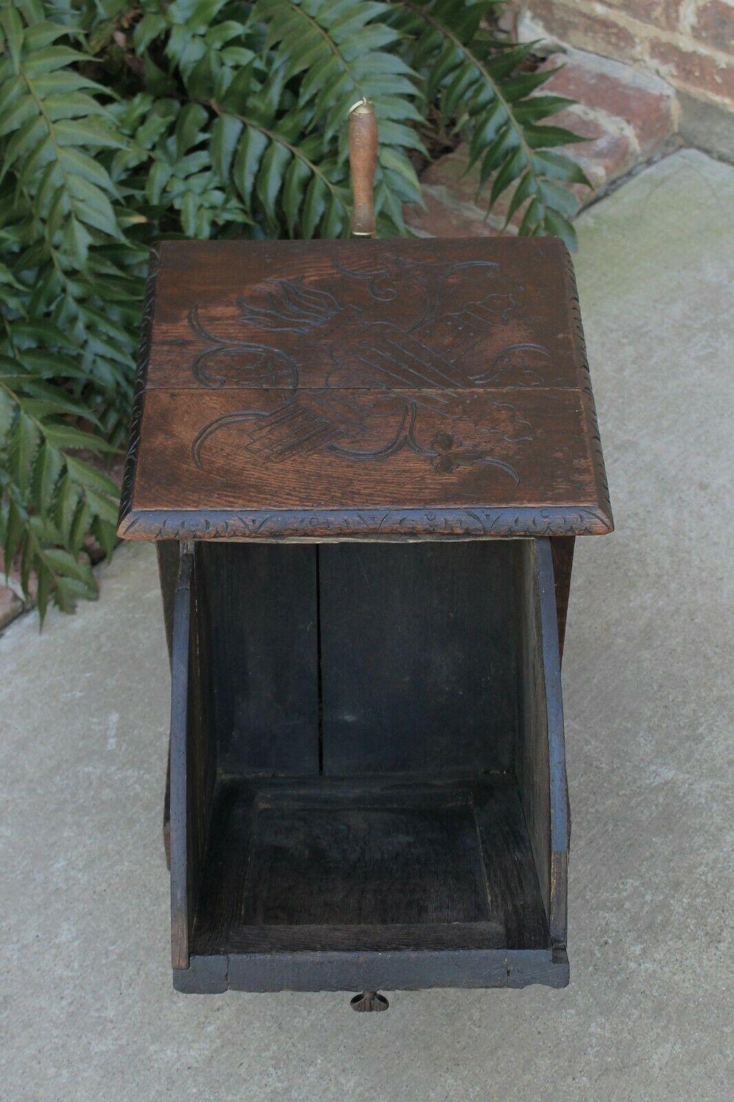 Antique English Coal Hod Scuttle Hearth Fireplace End Table Carved Oak 1