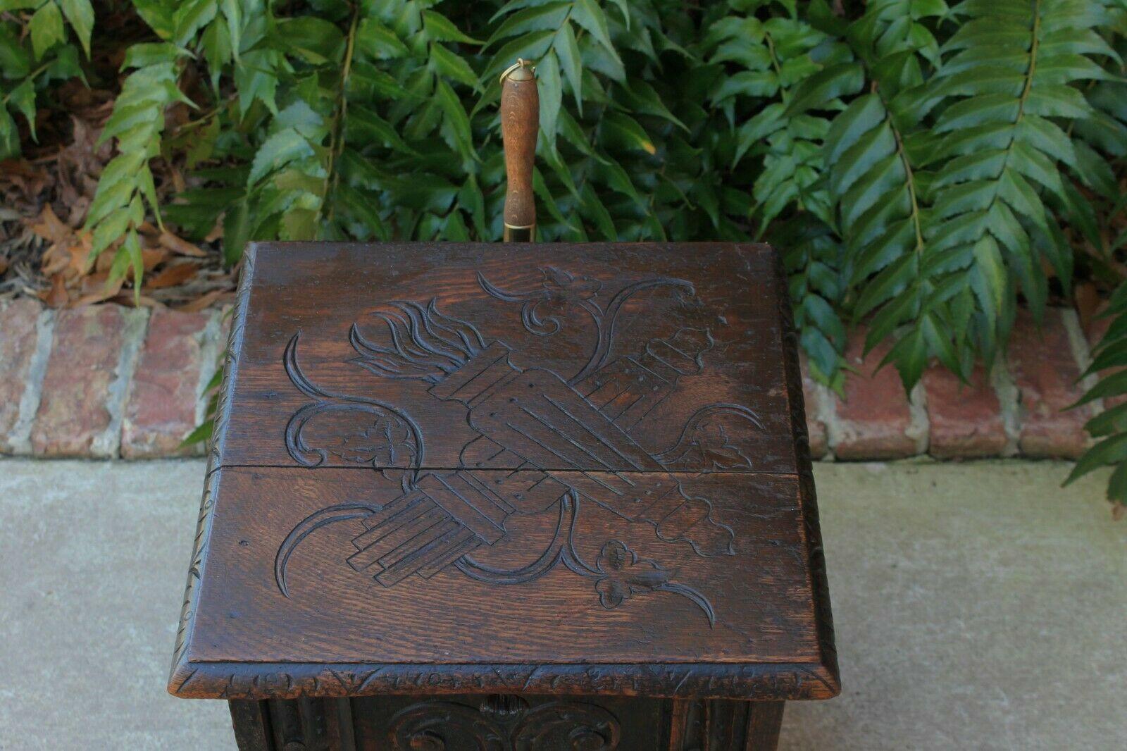 Antique English Coal Hod Scuttle Hearth Fireplace End Table Carved Oak 3