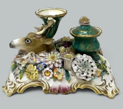 Antique English Coalbrookdale Flower incrustd Porcelain Inkwell Centerpiece 1820