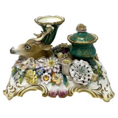 Antique English Coalbrookdale Flower incrustd Porcelain Inkwell Centerpiece 1820