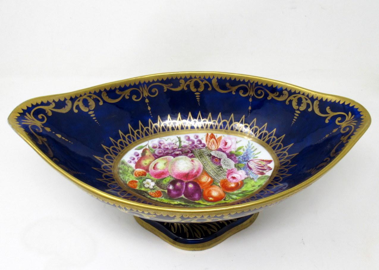 Early Victorian Antique English Coalport Centerpiece Bowl Hand Painted Still Life Fruits Flowers