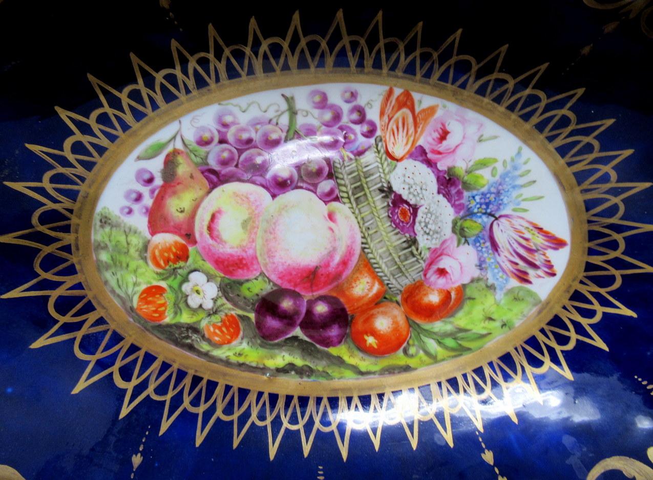 Porcelain Antique English Coalport Centerpiece Bowl Hand Painted Still Life Fruits Flowers