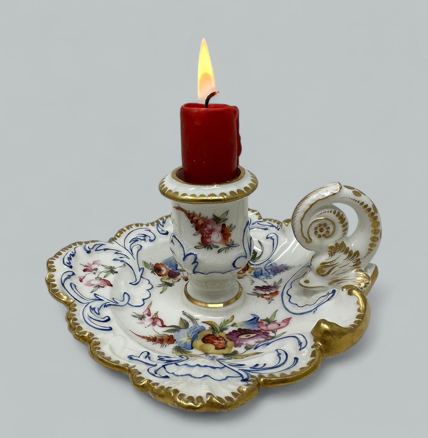 Hand-Painted Antique English Coalport Centerpiece Chamberstick John Rose Regency Period 19Ct For Sale