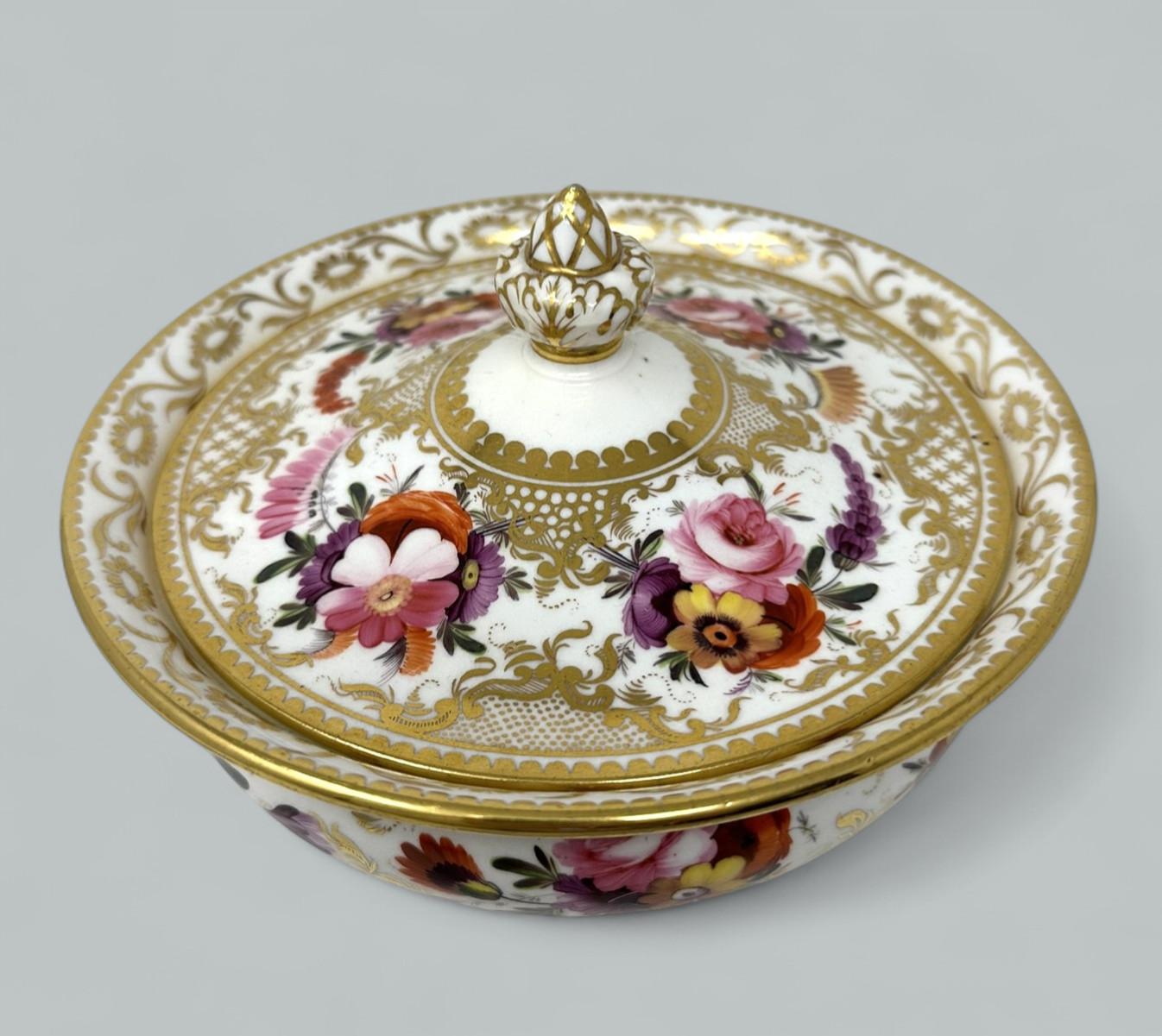 Eine sehr stilvolle englische Coalport Hand gemalt Sucrier Zuckerdose und Deckel der traditionellen kreisförmigen Kontur, ersten Viertel des neunzehnten Jahrhunderts. 

Der kuppelförmige Deckel mit zentralem, vergoldetem Blütenknospenaufsatz, fein