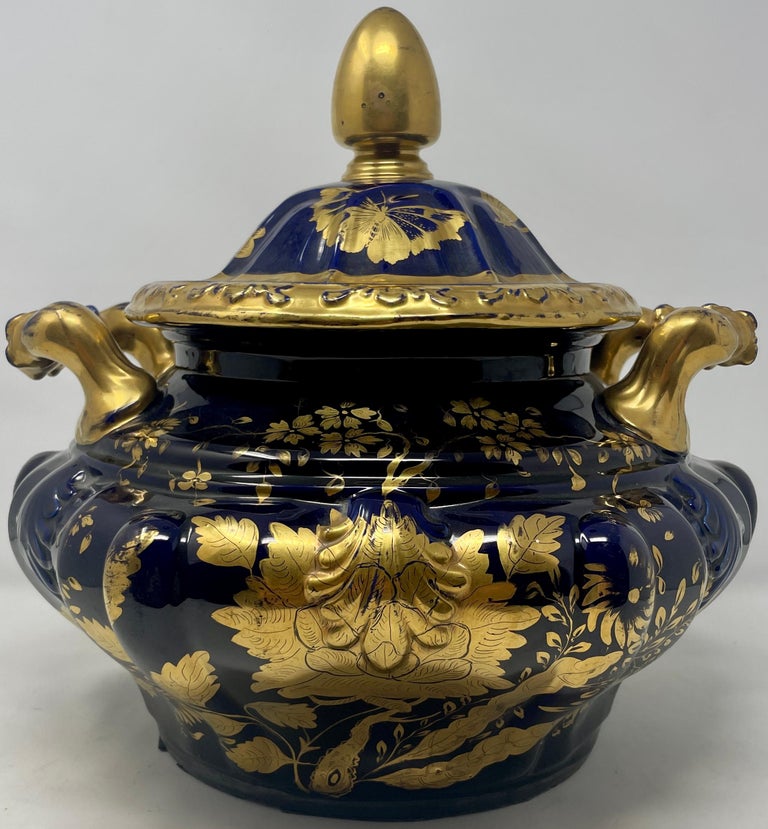 Antique English Cobalt and Gold Ironstone Tureen, circa 1840 For Sale