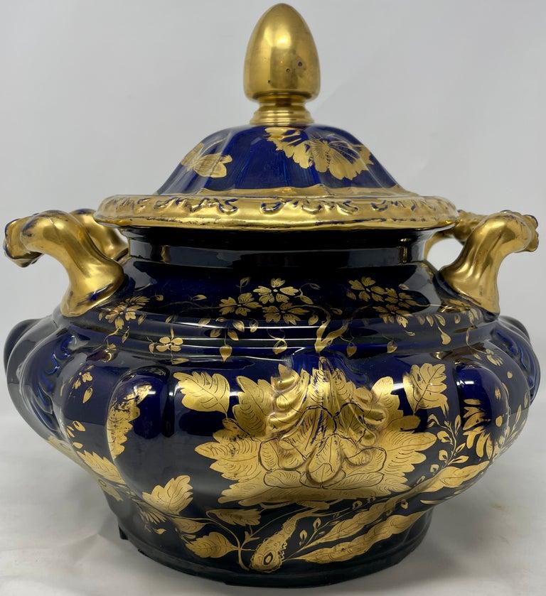 19th Century Antique English Cobalt and Gold Ironstone Tureen, circa 1840 For Sale