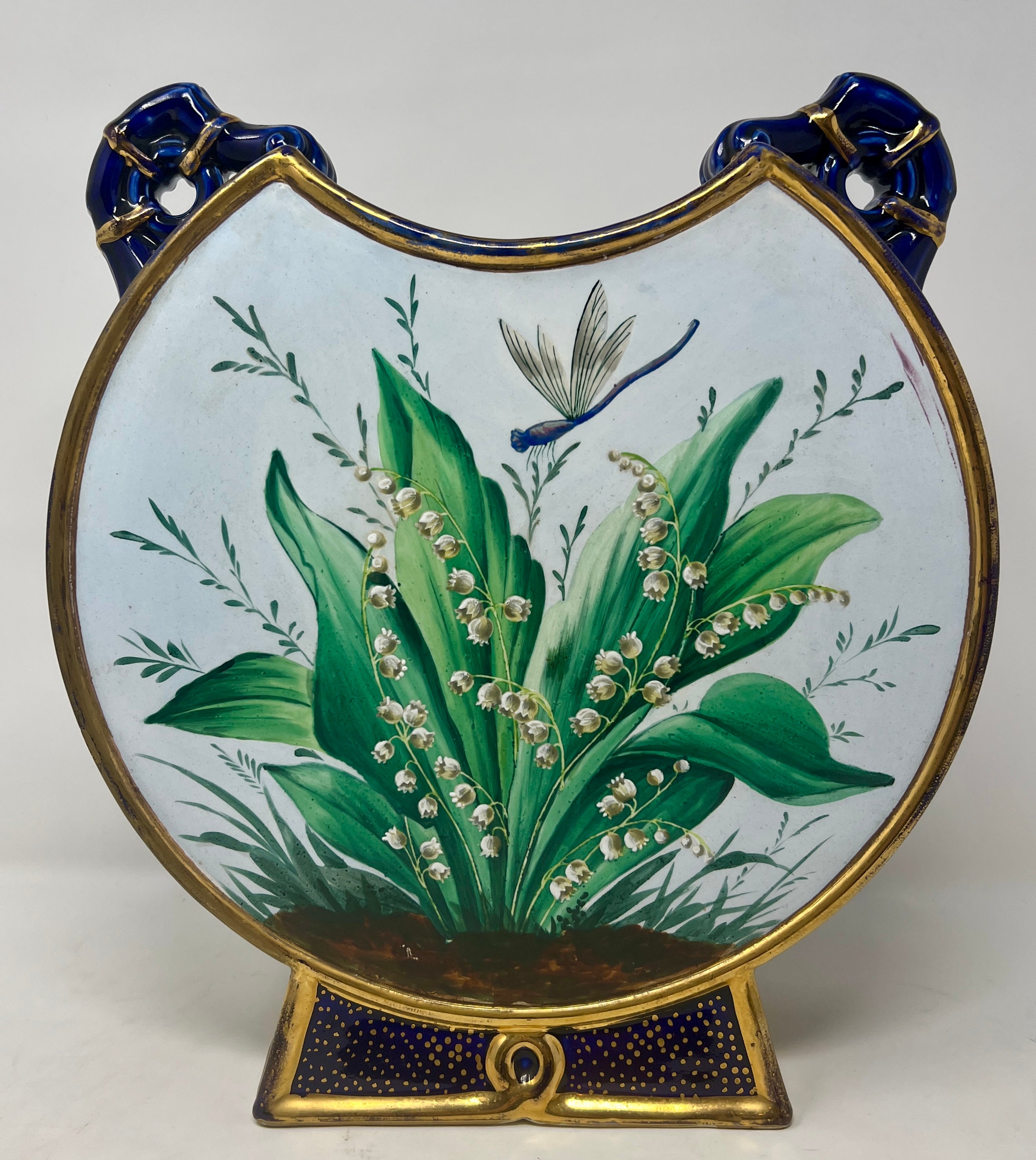 Handsome Antique English Cobalt Blue & Gold Porcelain Enameled Moon Vase, Circa 1880's
Wonderful hand-painted scenes on back and front with intricate golf-leaf details. Maker's stamp at bottom.