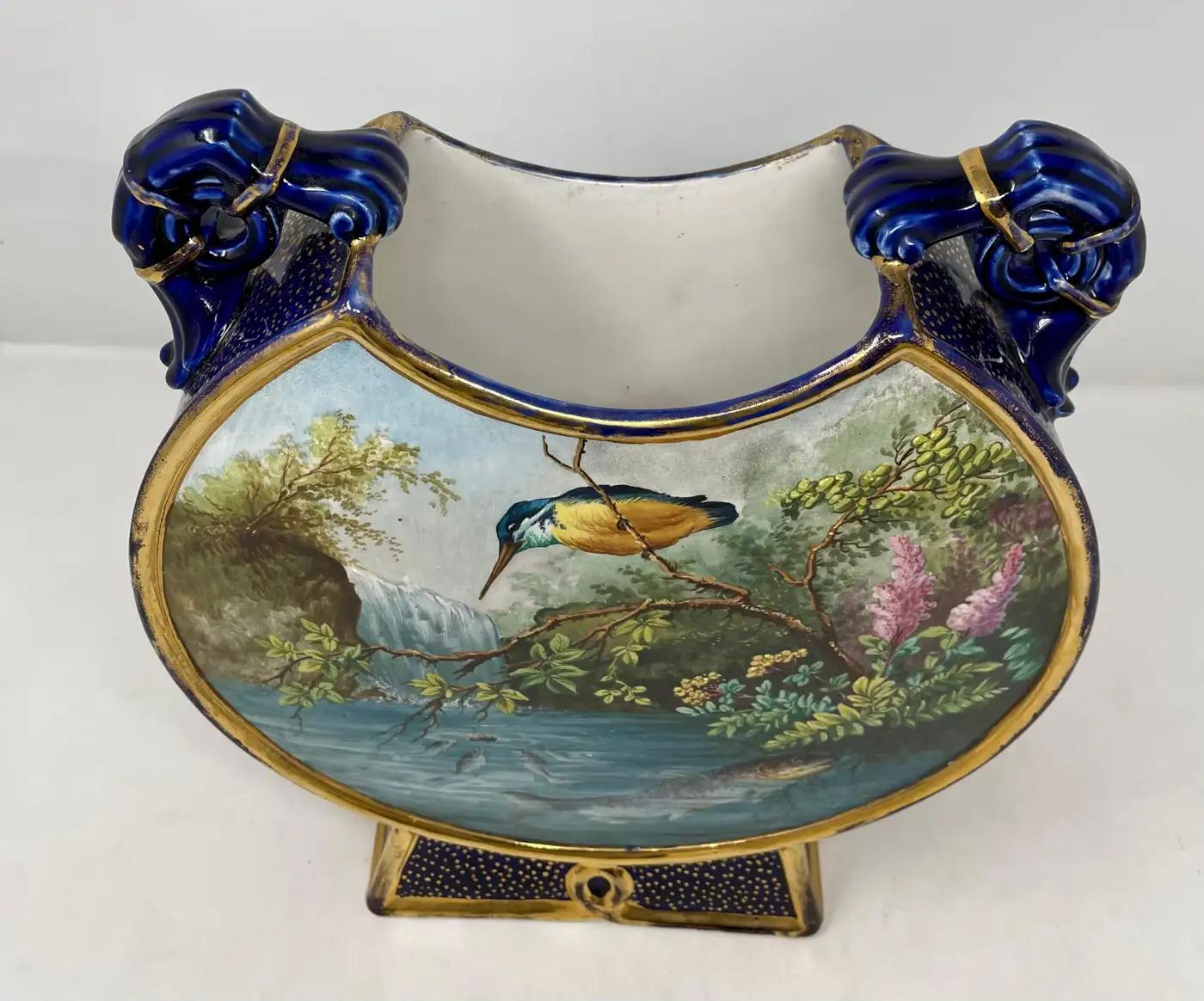 19th Century Antique English Cobalt Blue & Gold Porcelain Enameled Moon Vase, Circa 1880's. For Sale