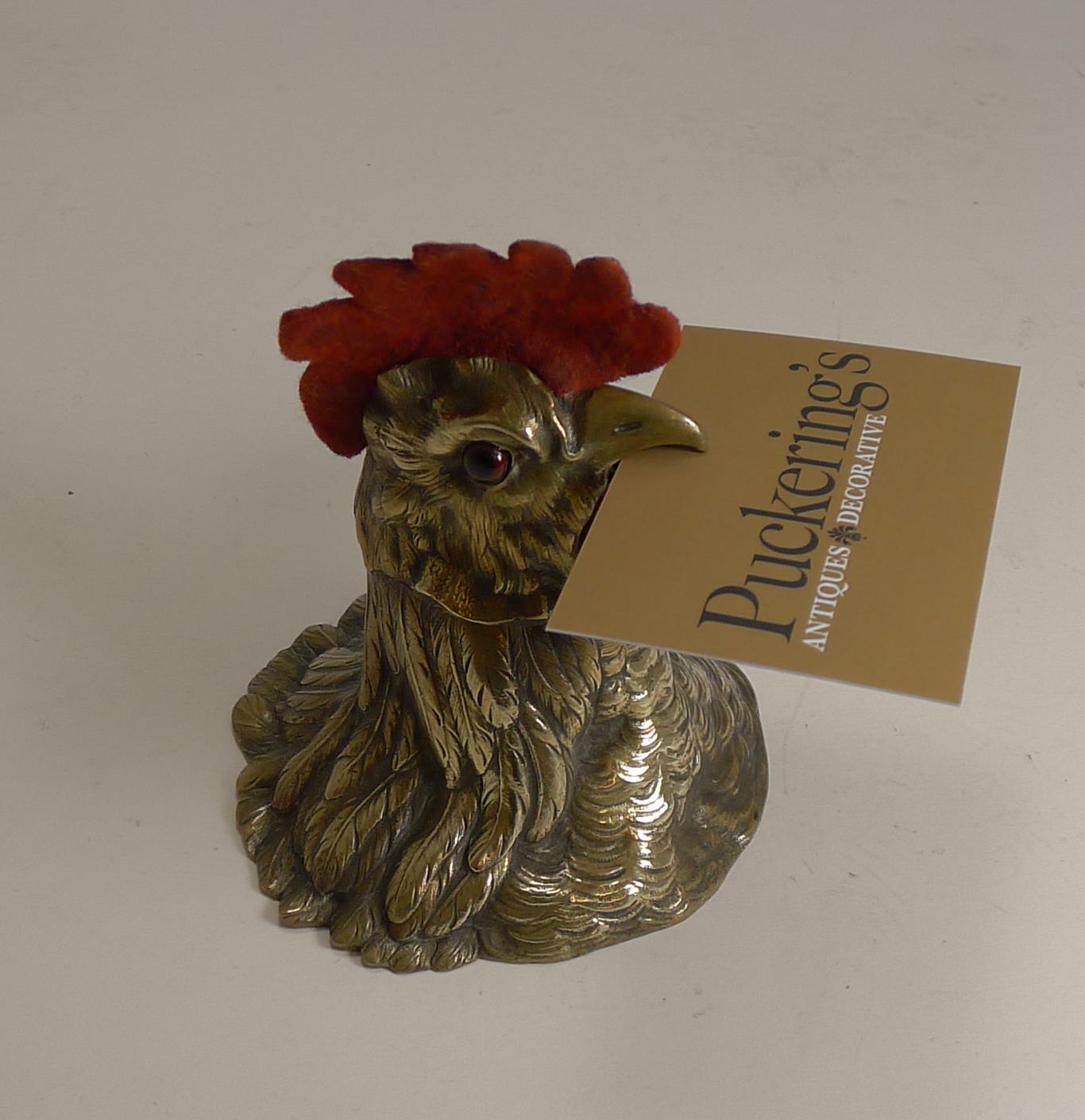 Late Victorian Antique English Cockerel / Rooster Combined Inkwell / Letter Clip and Nib Wipe