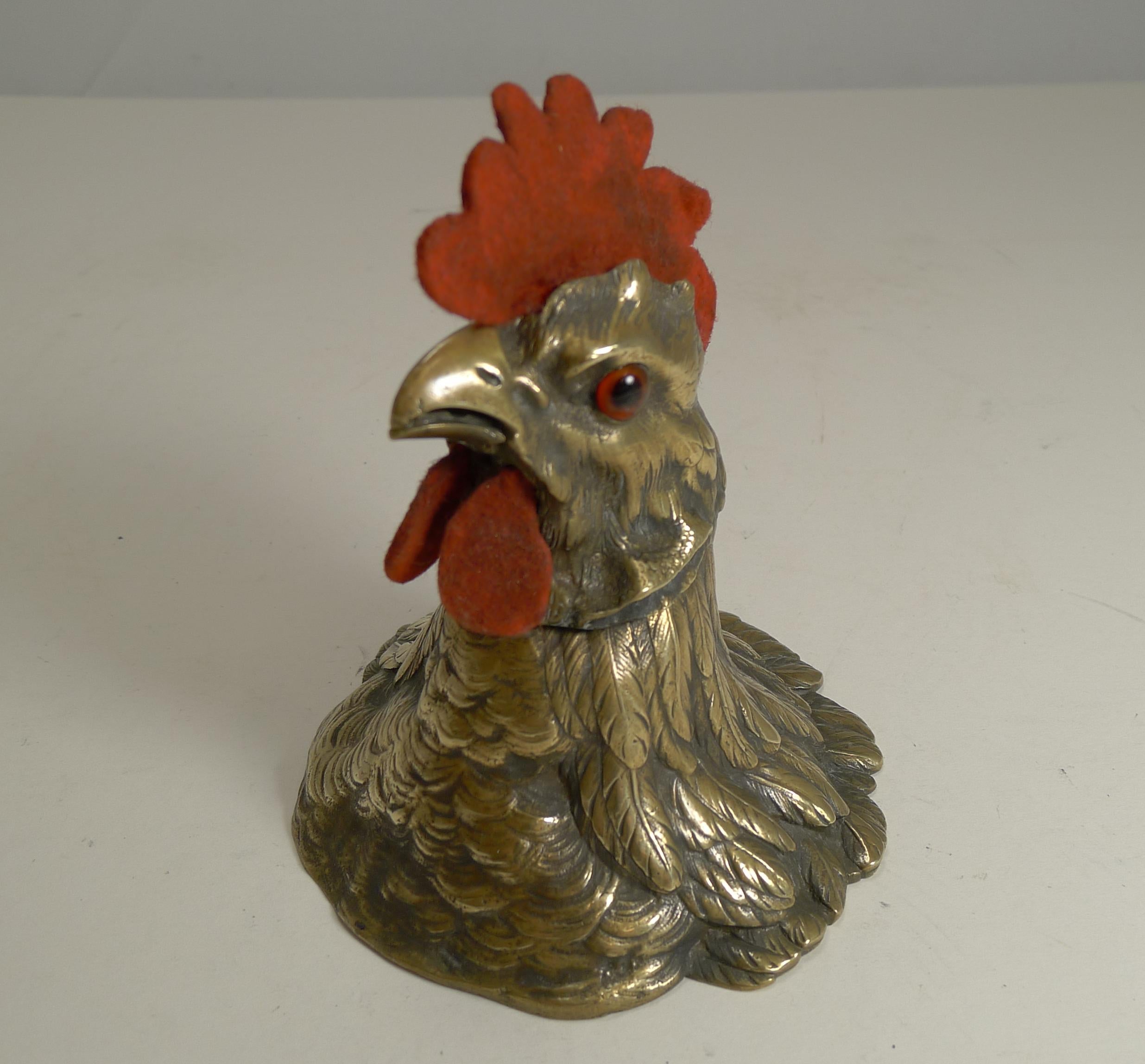 Antique English Cockerel / Rooster Combined Inkwell / Letter Clip and Nib Wipe In Good Condition In Bath, GB