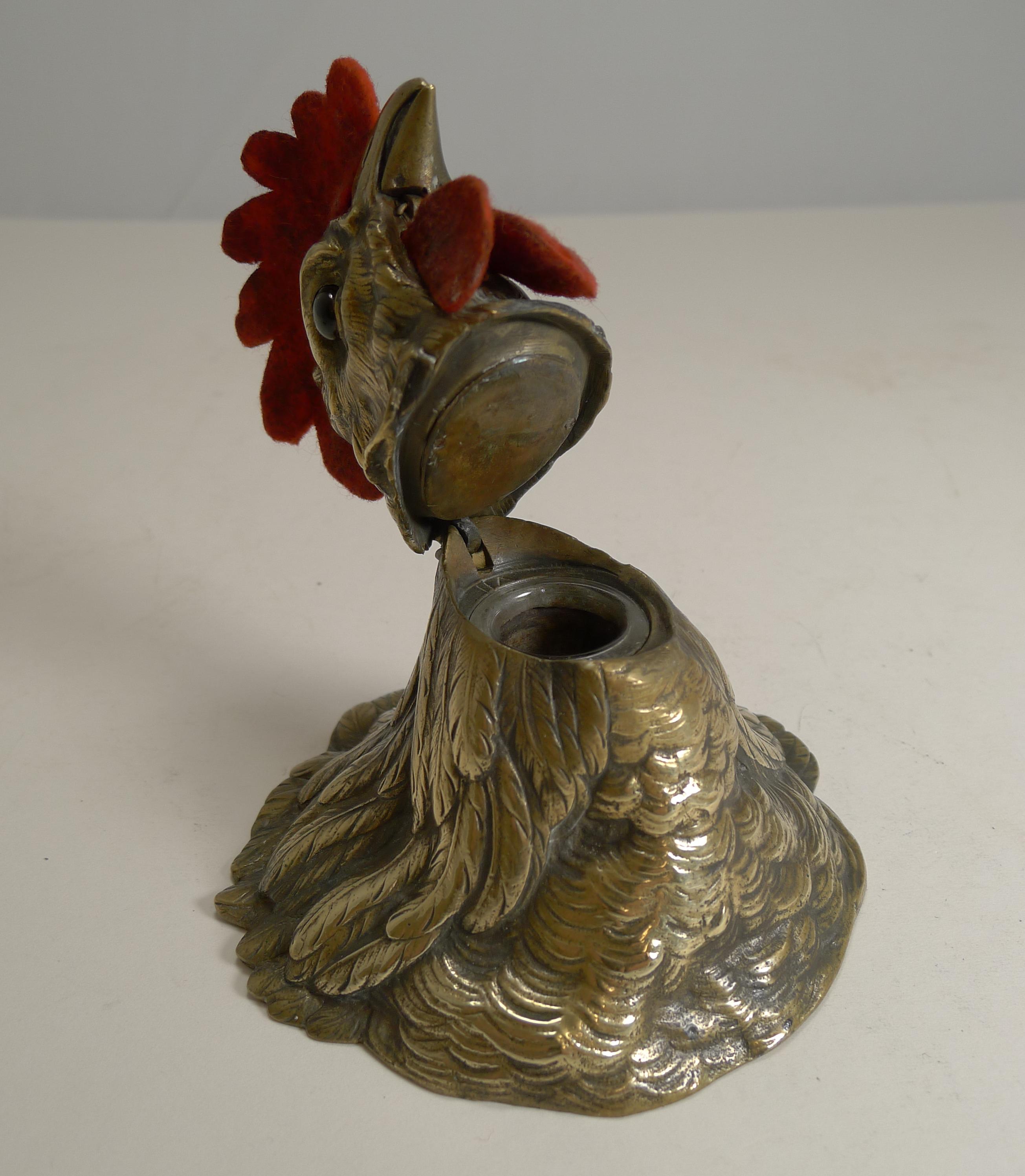 Antique English Cockerel / Rooster Combined Inkwell / Letter Clip and Nib Wipe 1