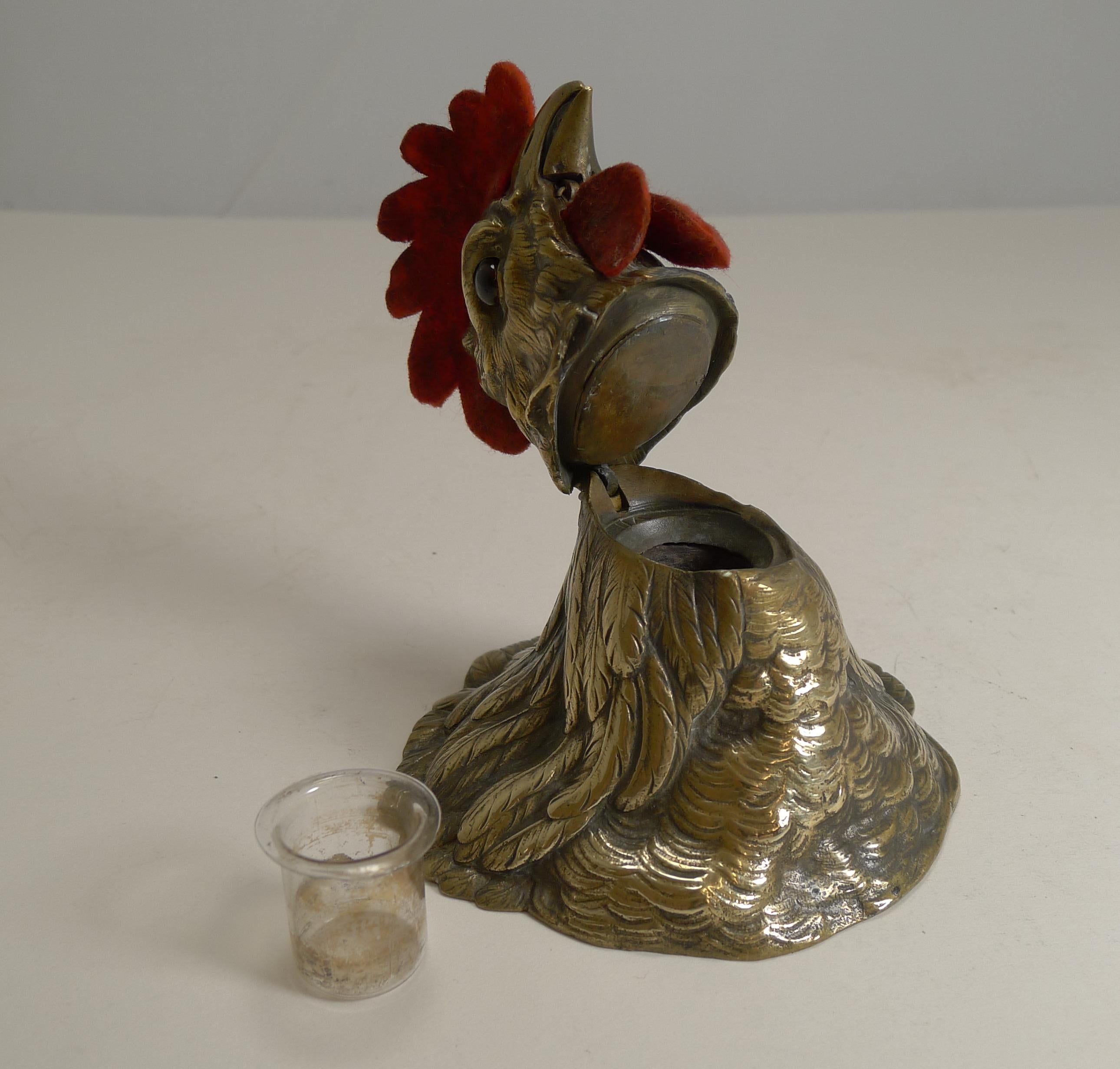 Antique English Cockerel / Rooster Combined Inkwell / Letter Clip and Nib Wipe 2