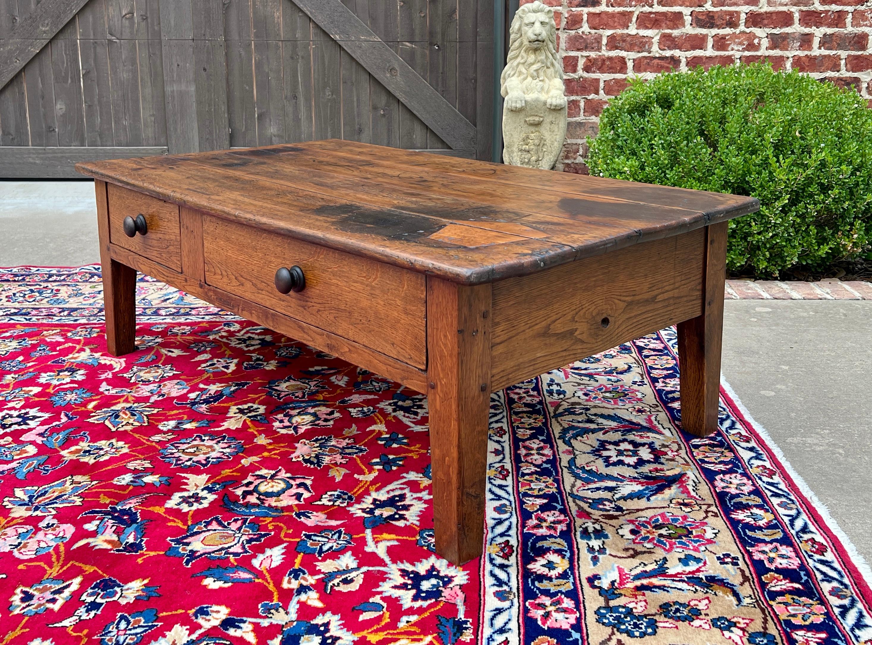Carved Antique English Coffee Table Farmhouse Rustic Oak Drawers Shaker Legs Mid-19th C
